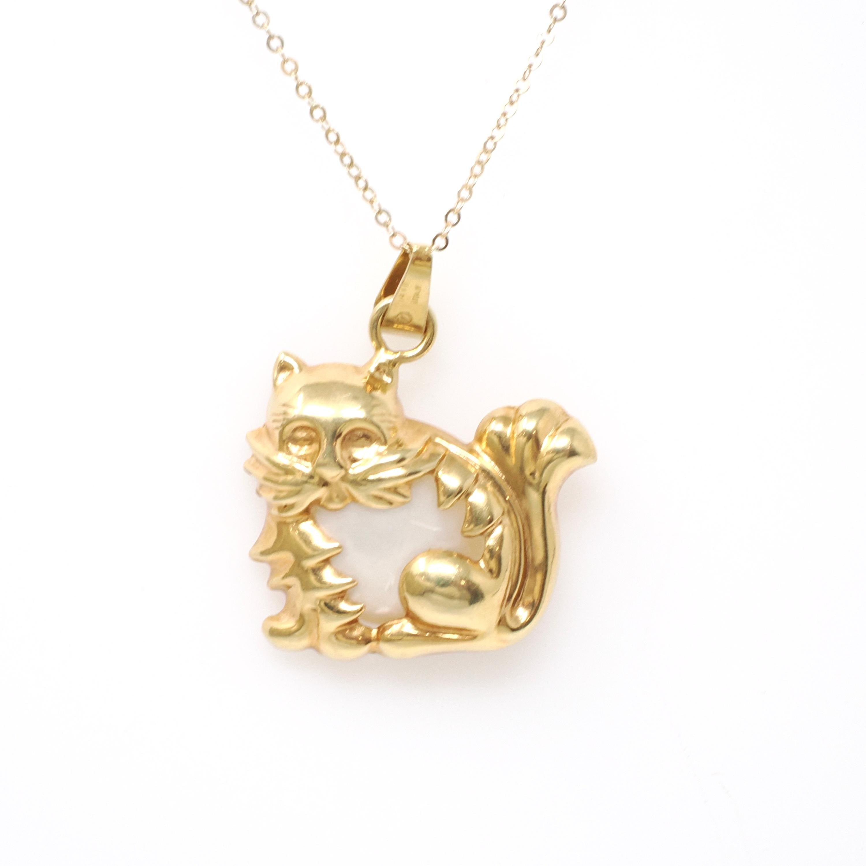 Vintage Cat Charm - Mid Century 14k Yellow Gold Figural Feline Pendant Necklace - Circa 1960s Mother Of Pearl Belly Pet Animal Fine Jewelry