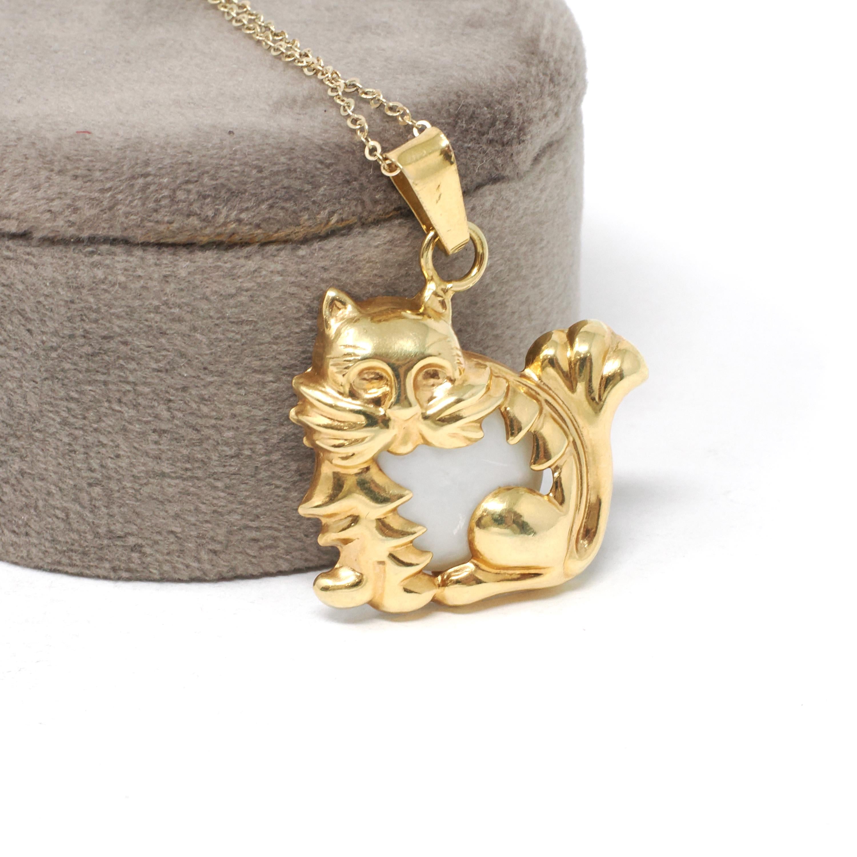 Vintage Cat Charm - Mid Century 14k Yellow Gold Figural Feline Pendant Necklace - Circa 1960s Mother Of Pearl Belly Pet Animal Fine Jewelry