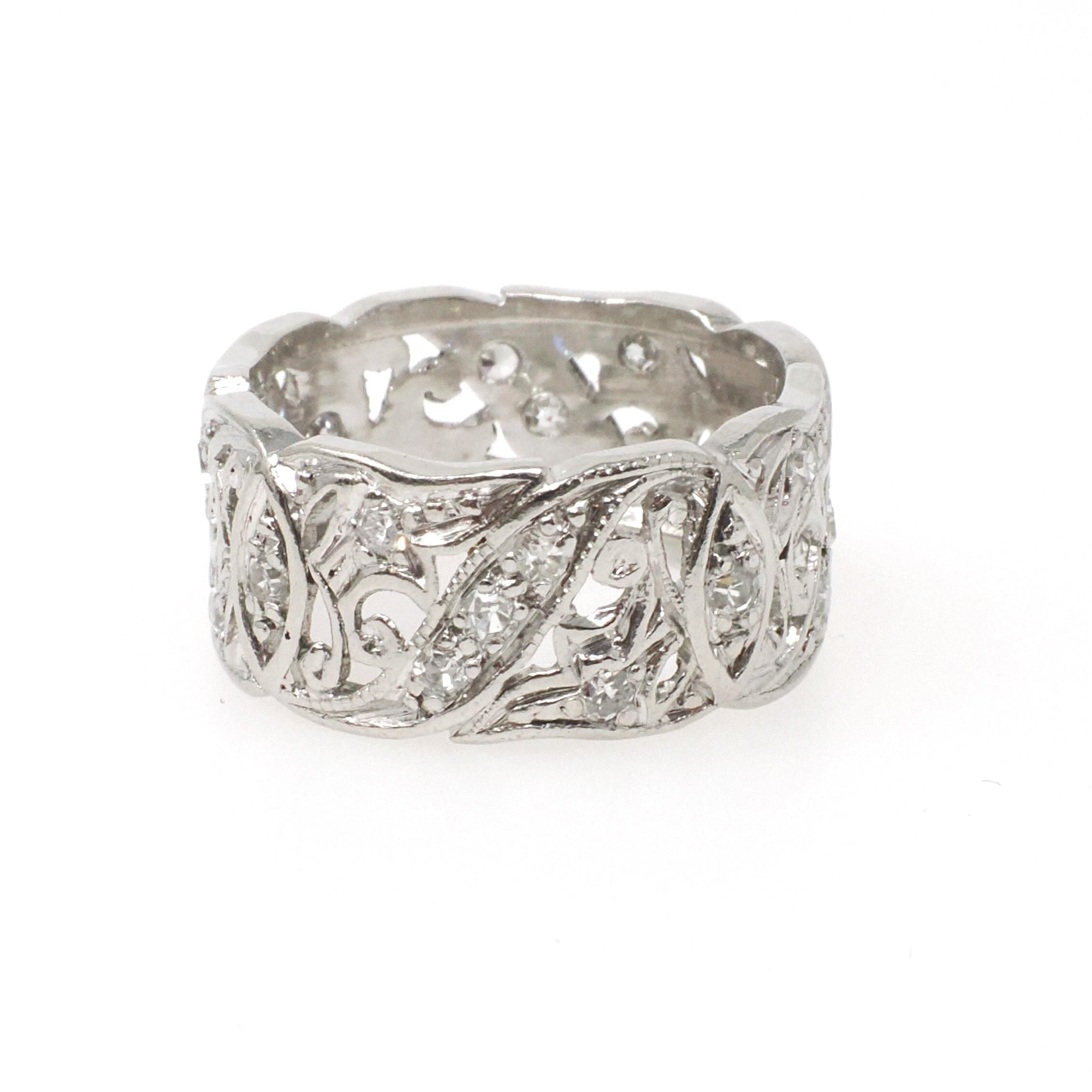 Diamond Eternity Band - Vintage Platinum .55 CTW Open Metal Filigree Continuous Ring - Mid Century Circa 1950s Size 5 Fine Bridal Jewelry