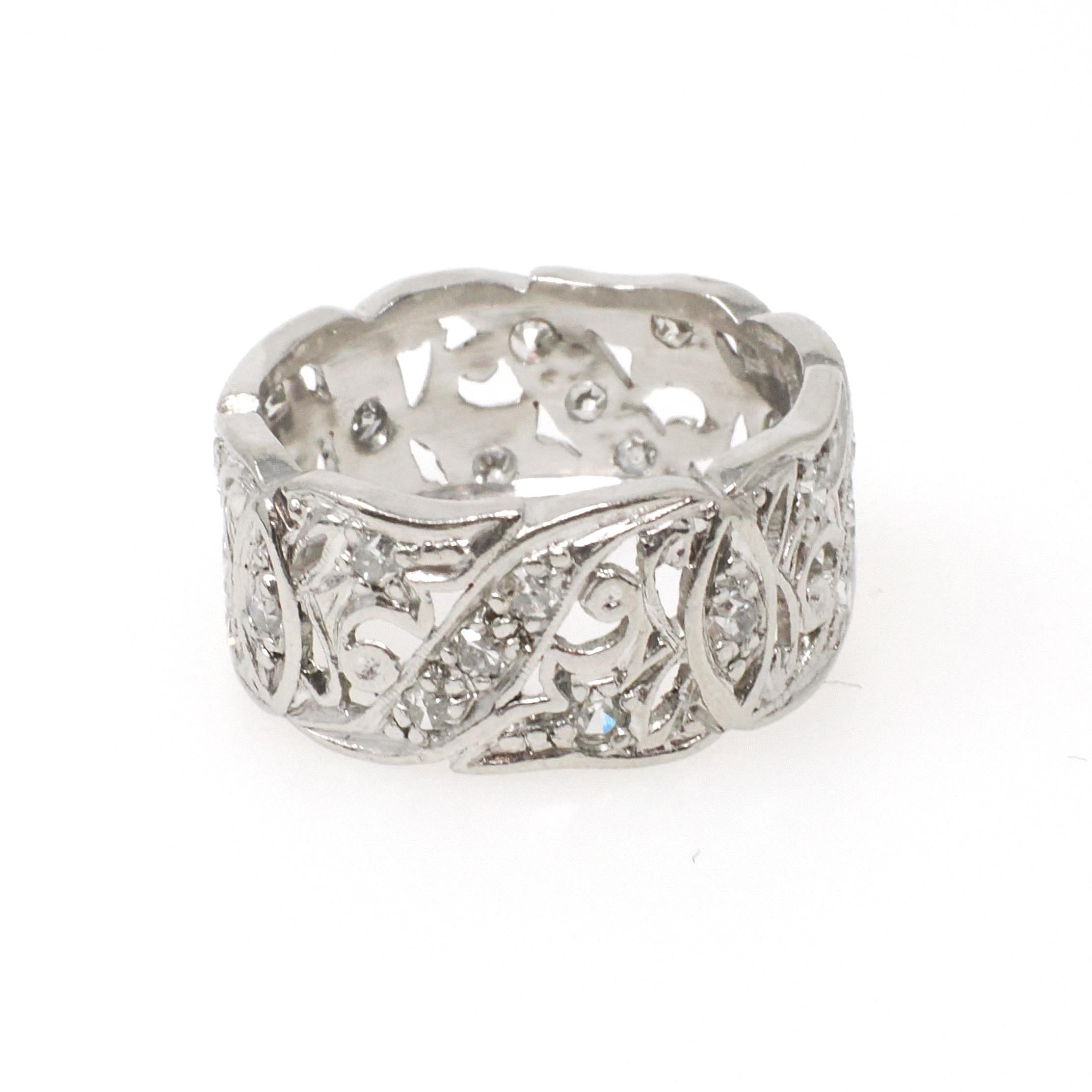 Diamond Eternity Band - Vintage Platinum .55 CTW Open Metal Filigree Continuous Ring - Mid Century Circa 1950s Size 5 Fine Bridal Jewelry