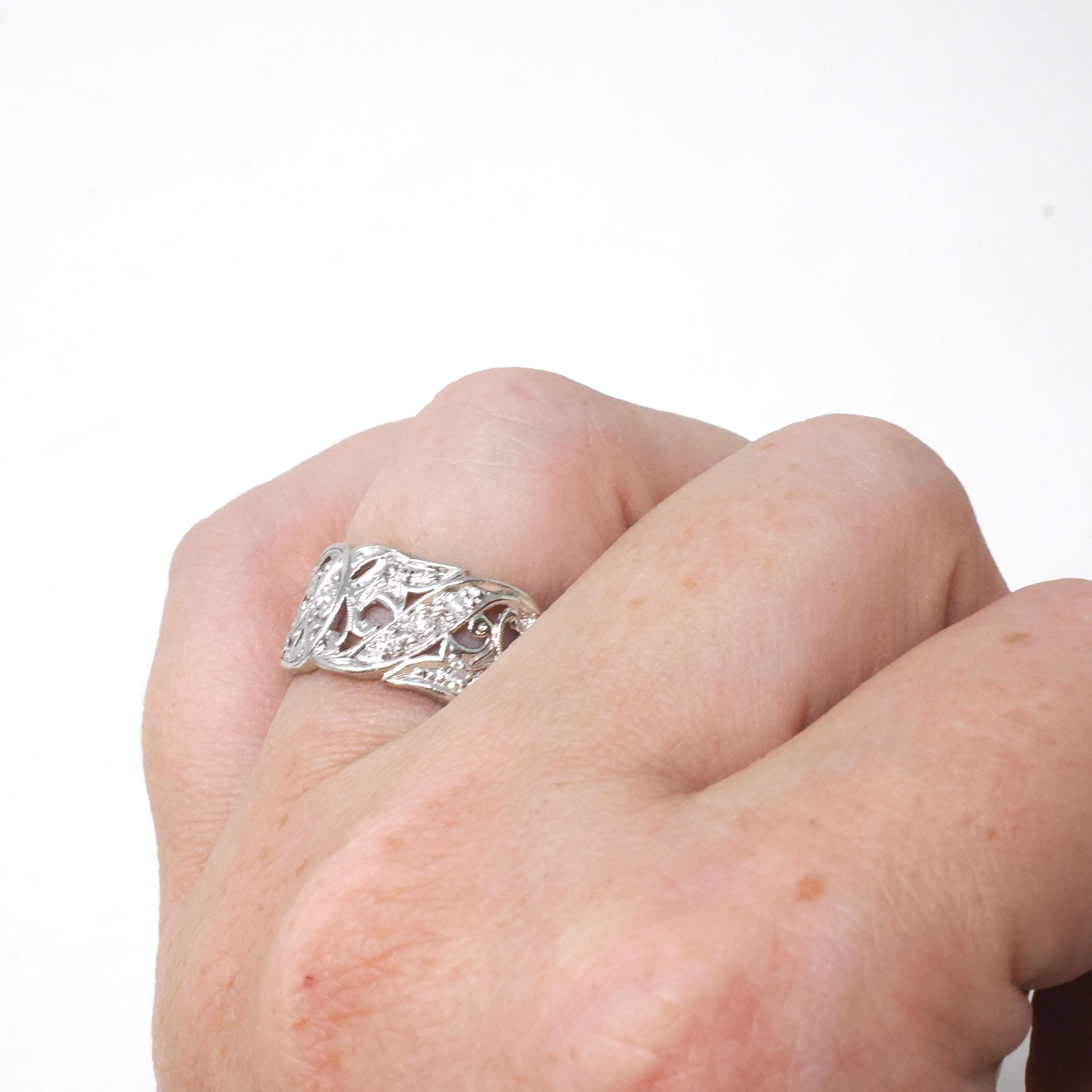 Diamond Eternity Band - Vintage Platinum .55 CTW Open Metal Filigree Continuous Ring - Mid Century Circa 1950s Size 5 Fine Bridal Jewelry
