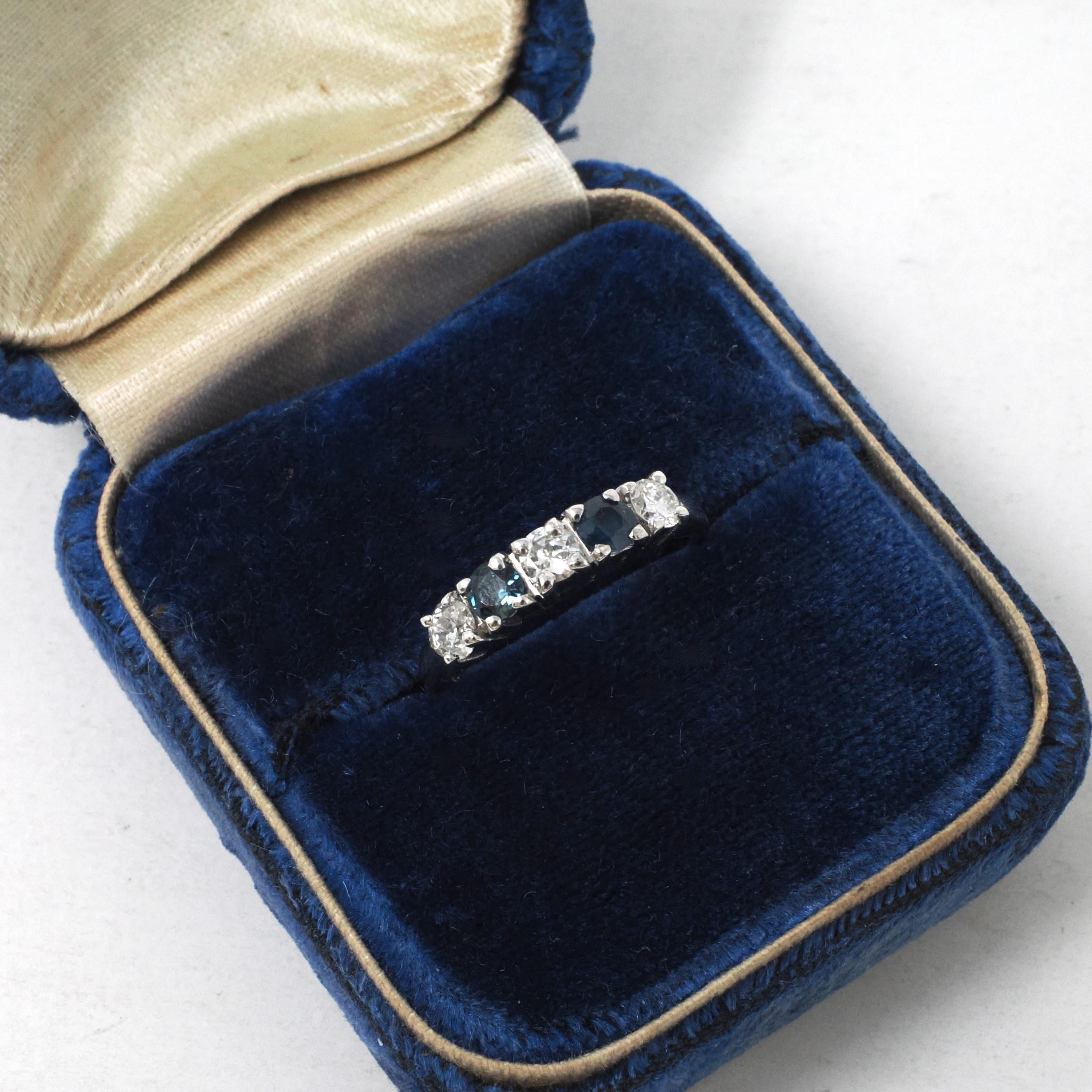 Sapphire & Diamond Band - Contemporary 14k White Gold Natural Five Gemstone Ring - Estate Circa 2000s Era Size 6 Fine Stacking Jewelry
