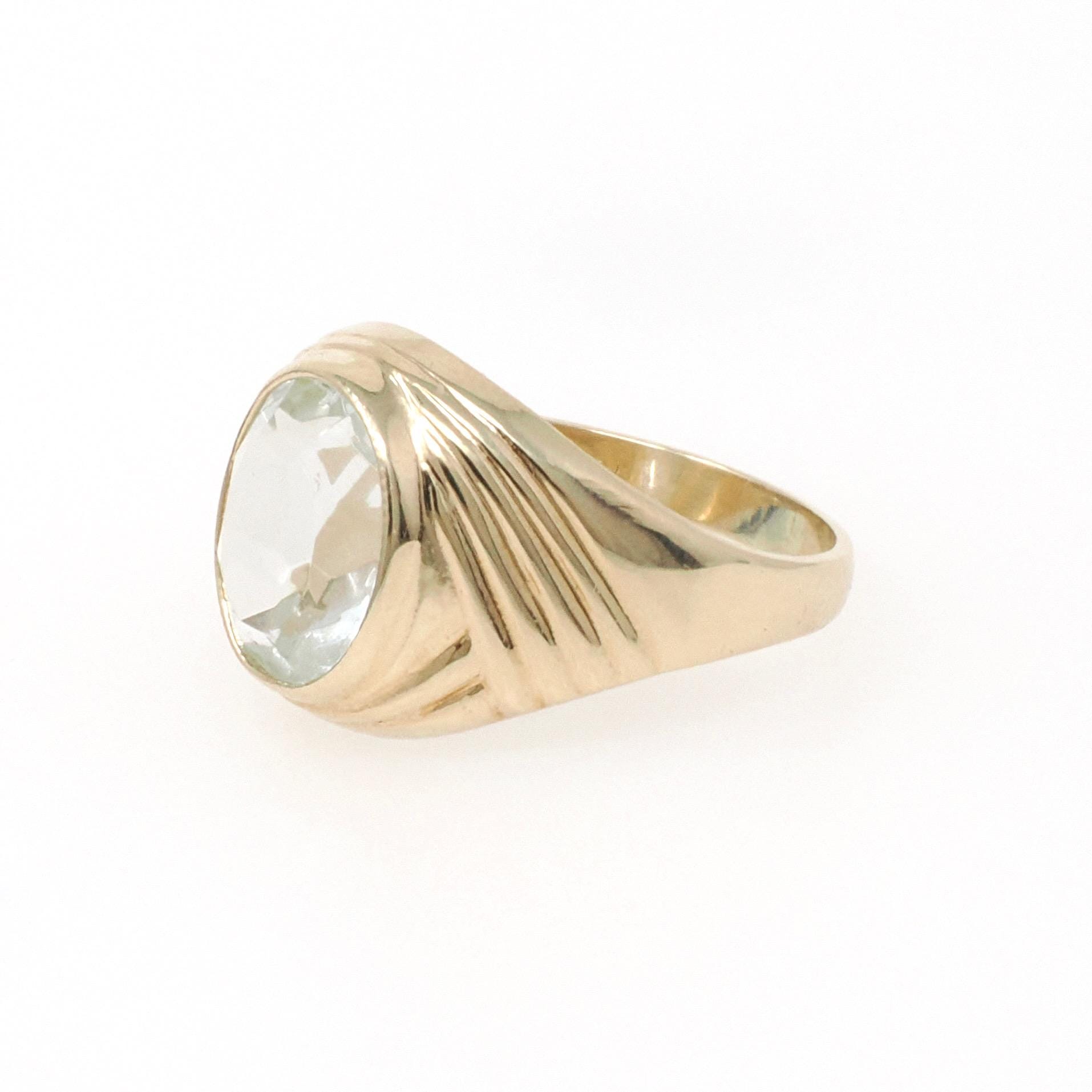 Vintage Glass Ring - Modernist 10k Yellow Gold Clear Pale Blue Oval Cut Faceted Stone - Circa Late 1960s Size 5 3/4 Fine Statement Jewelry