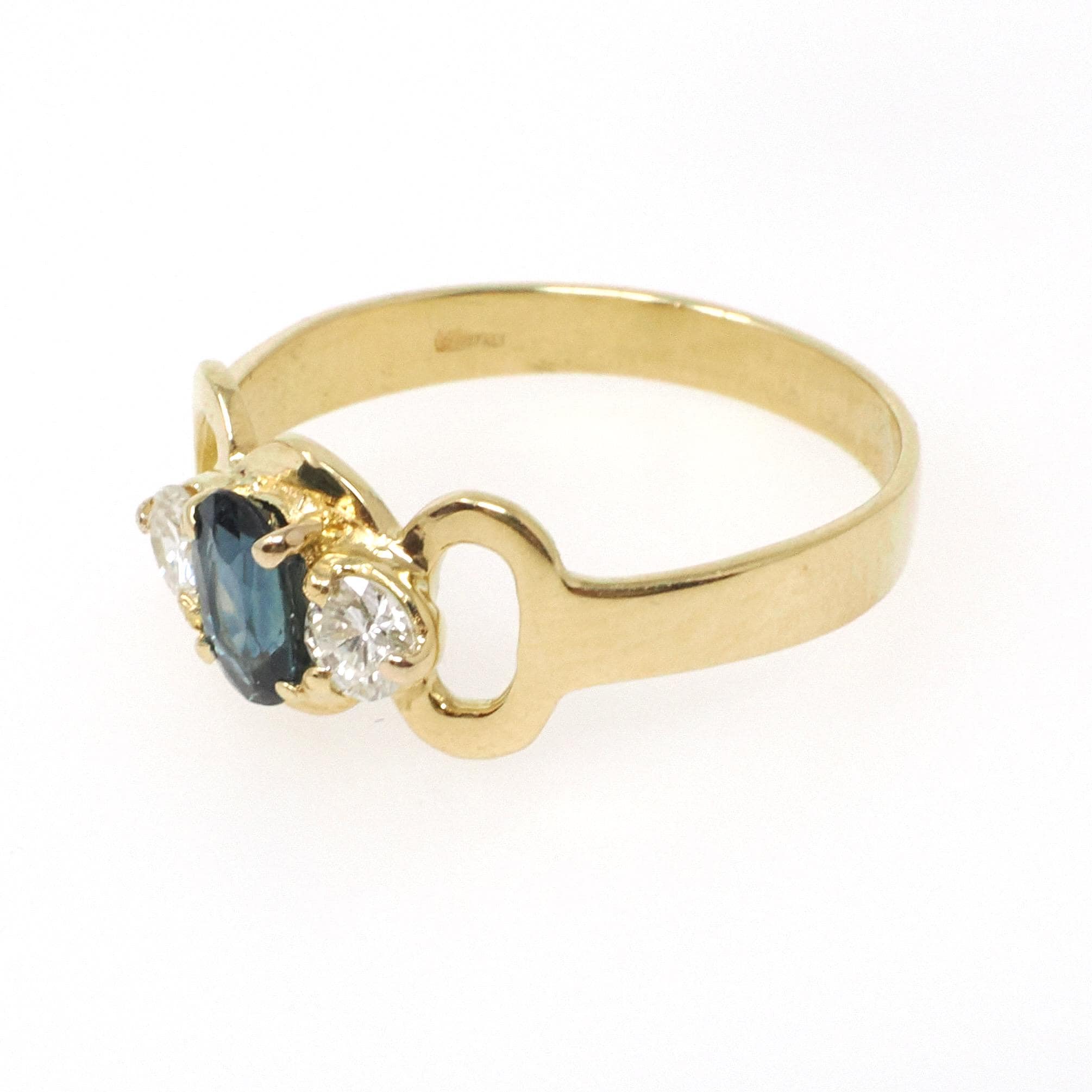 Sapphire & Diamond Ring - Modern Era 18k Yellow Gold Natural Blue Corundum Three Stone Engagement - Estate Size 6 3/4 Fine Bridal Jewelry
