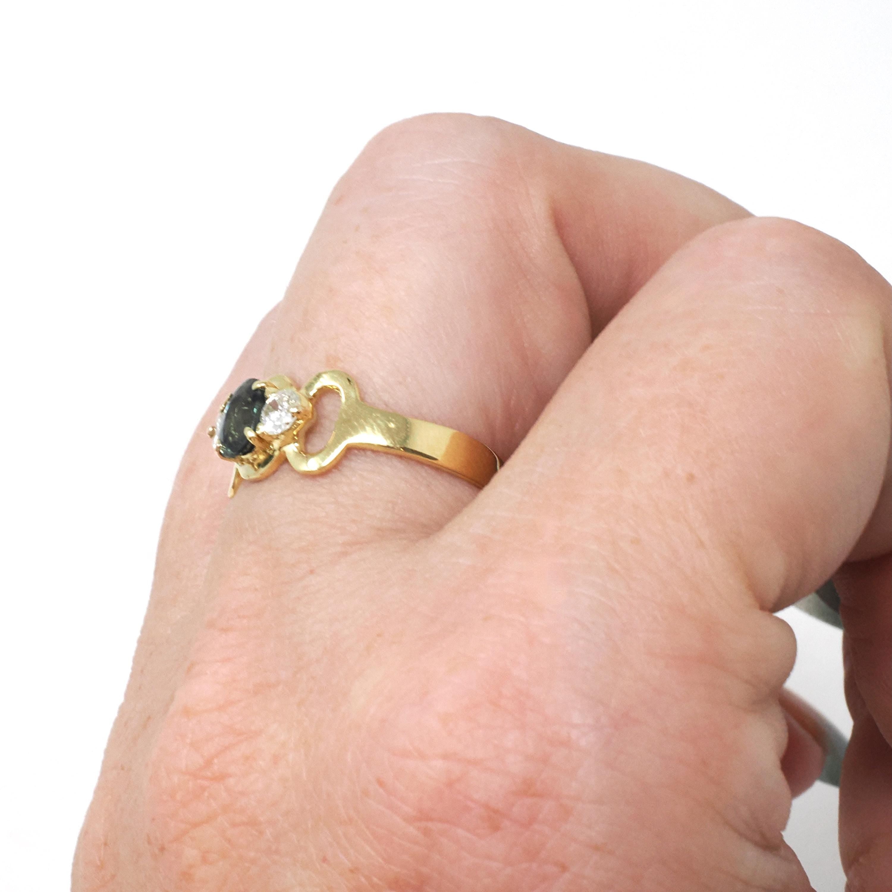 Sapphire & Diamond Ring - Modern Era 18k Yellow Gold Natural Blue Corundum Three Stone Engagement - Estate Size 6 3/4 Fine Bridal Jewelry