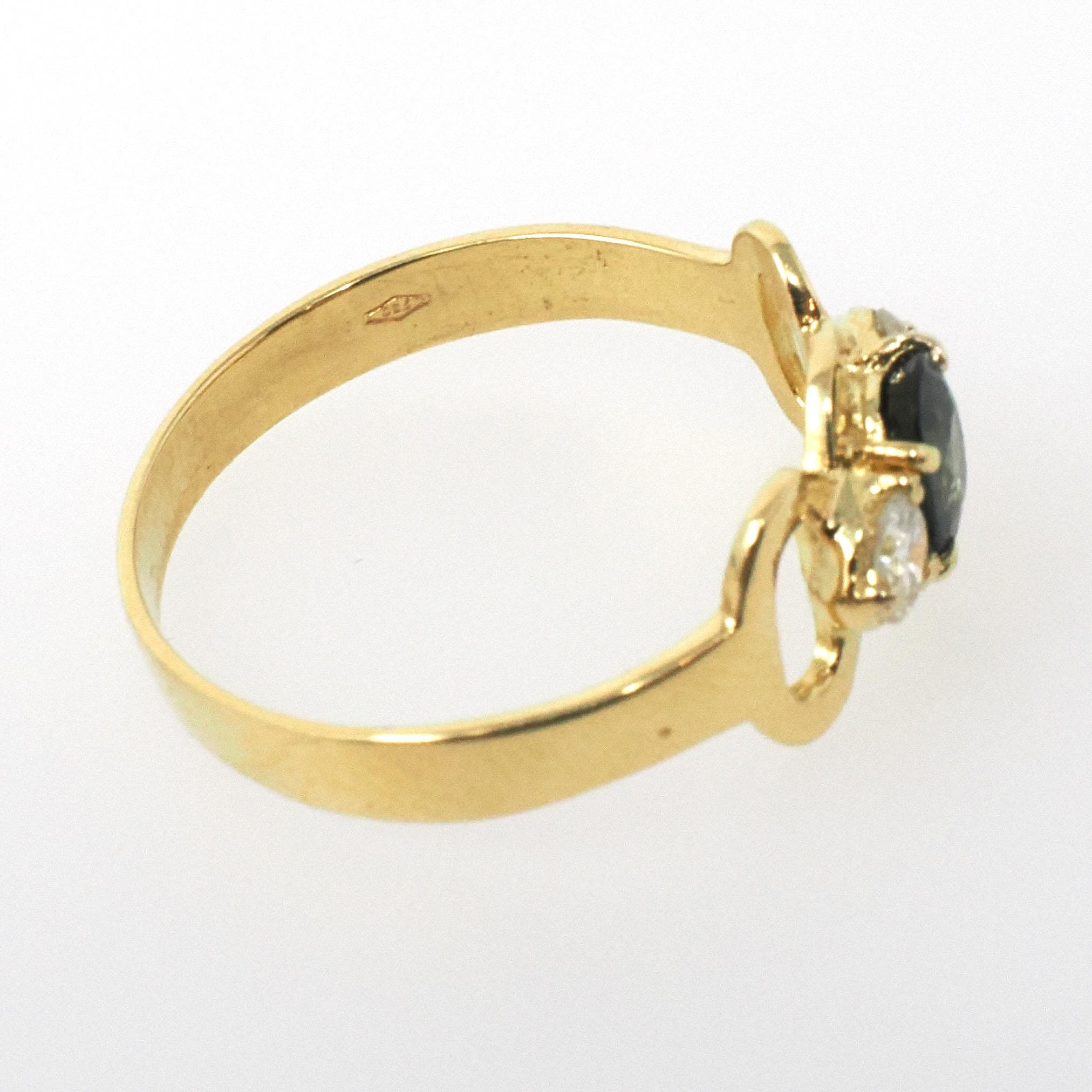 Sapphire & Diamond Ring - Modern Era 18k Yellow Gold Natural Blue Corundum Three Stone Engagement - Estate Size 6 3/4 Fine Bridal Jewelry