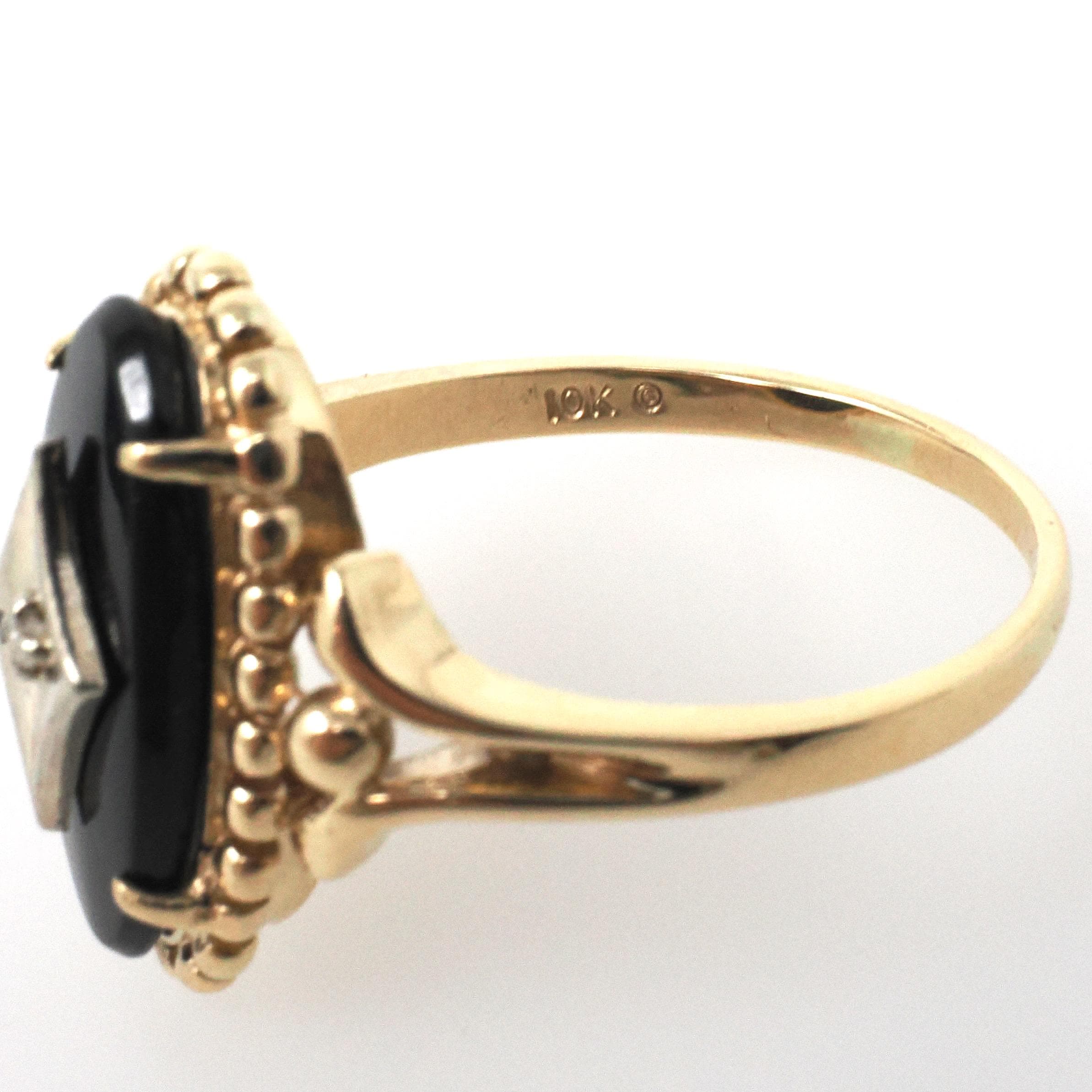 Vintage Onyx Ring - Mid Century 10k Yellow Gold Black Chalcedony & .01 CT Natural Diamond - Circa 1960s Era Size 8.5 Statement Fine Jewelry