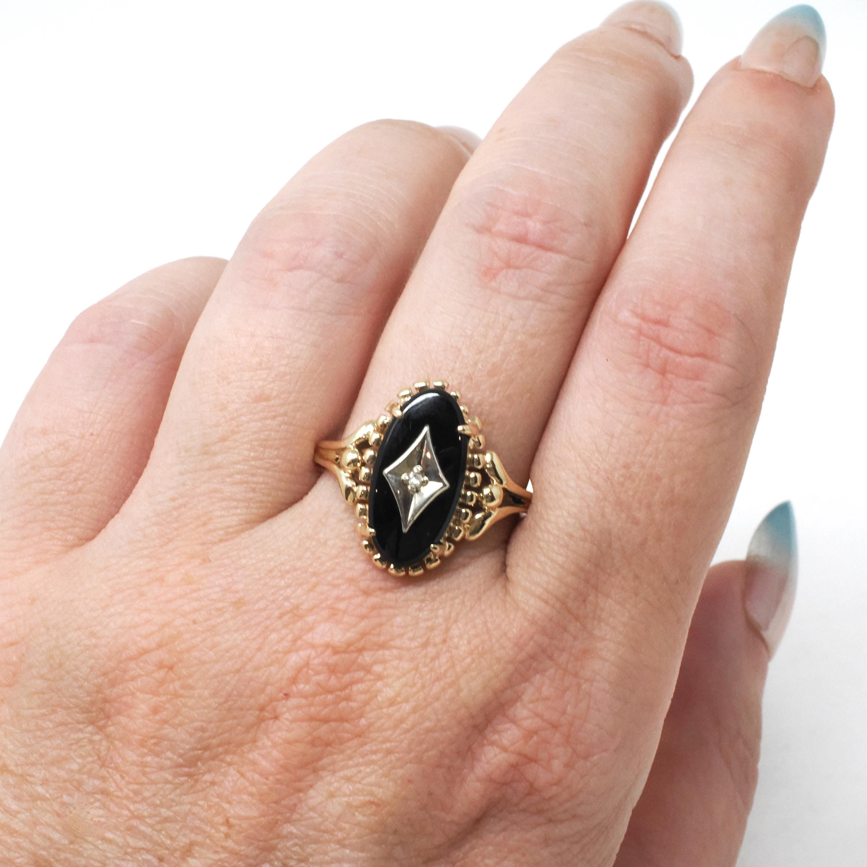Vintage Onyx Ring - Mid Century 10k Yellow Gold Black Chalcedony & .01 CT Natural Diamond - Circa 1960s Era Size 8.5 Statement Fine Jewelry