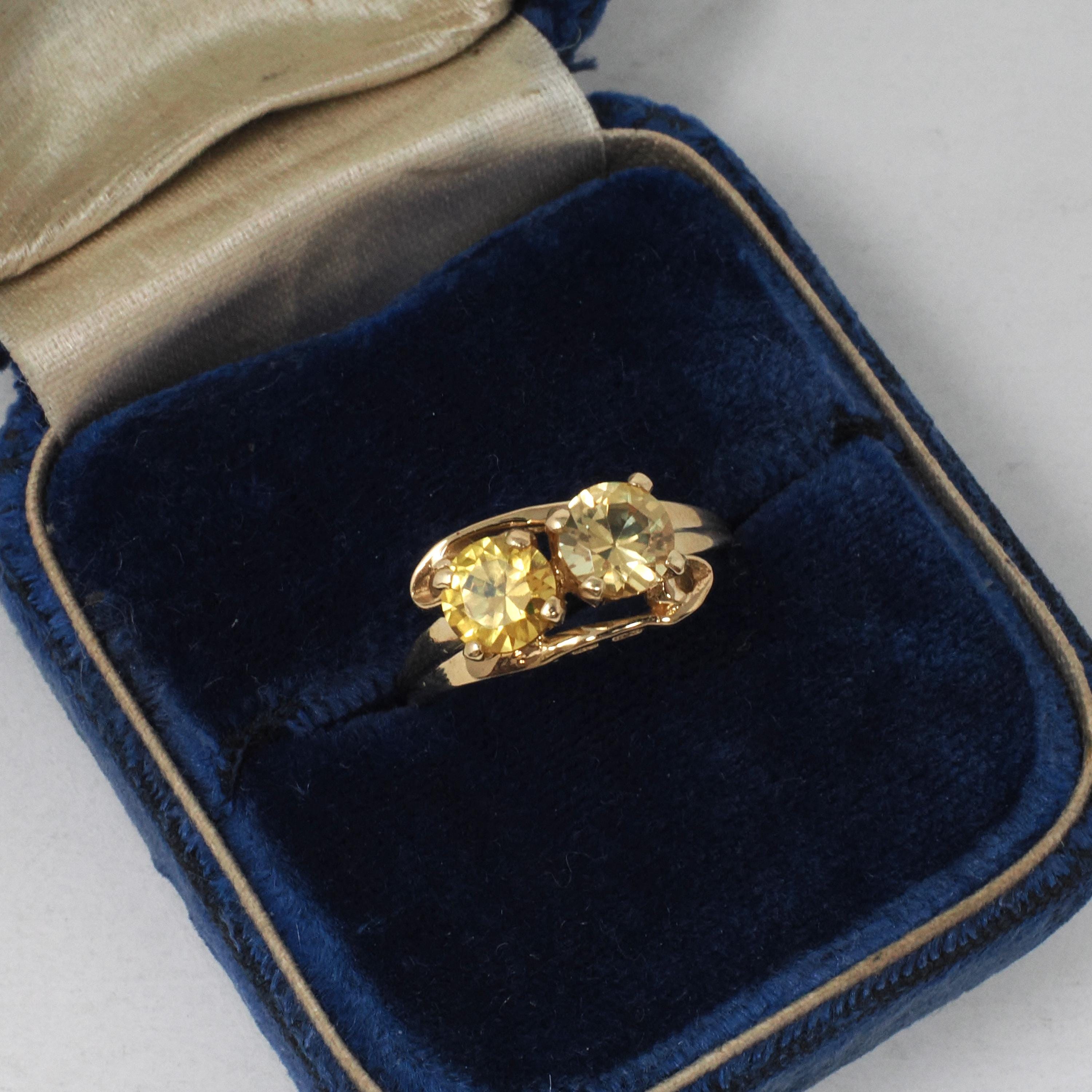 Vintage Toi Et Moi Ring - Mid Century 10k Yellow Gold Two Created Yellow Sapphire Gemstone Bypass - Circa 1960s Era Size 6 1/4 Fine Jewelry