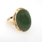 Nephrite Jade Ring - Retro 10k Yellow Gold Natural Cabochon Cut 9.50 CT Dark Green Gem - Vintage Circa 1940s Era Size 5 3/4 Fine 40s Jewelry