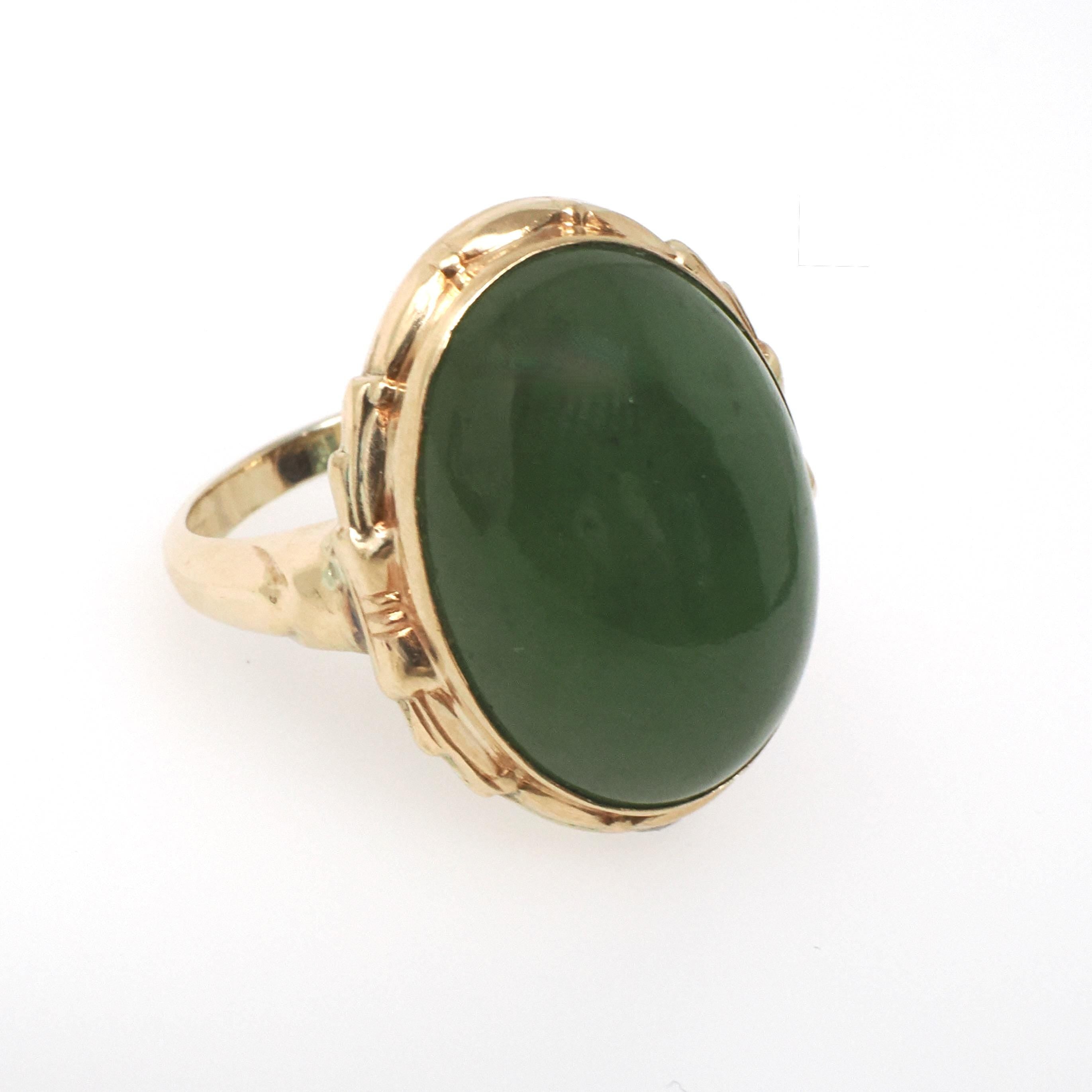 Nephrite Jade Ring - Retro 10k Yellow Gold Natural Cabochon Cut 9.50 CT Dark Green Gem - Vintage Circa 1940s Era Size 5 3/4 Fine 40s Jewelry