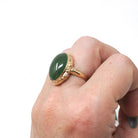 Nephrite Jade Ring - Retro 10k Yellow Gold Natural Cabochon Cut 9.50 CT Dark Green Gem - Vintage Circa 1940s Era Size 5 3/4 Fine 40s Jewelry