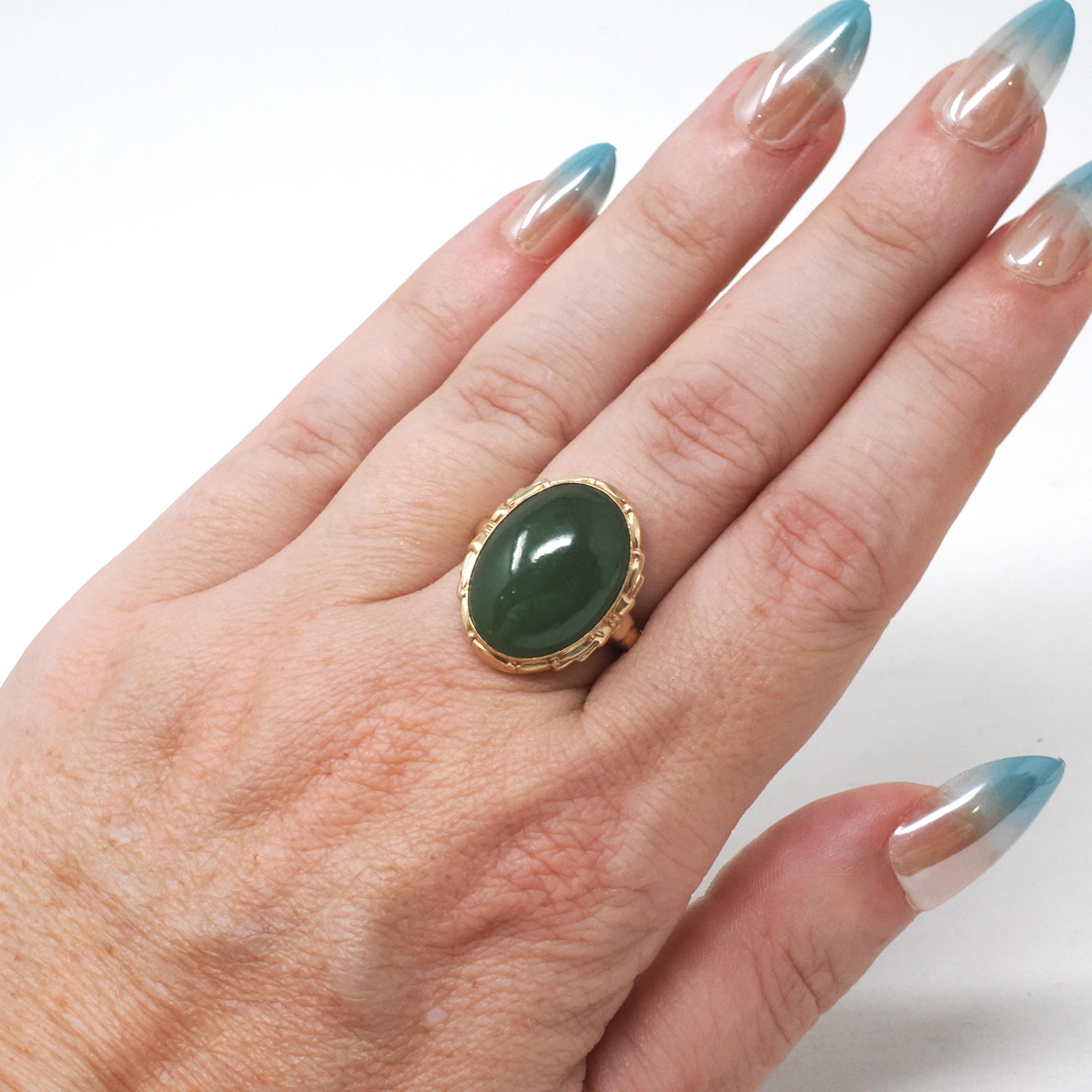 Nephrite Jade Ring - Retro 10k Yellow Gold Natural Cabochon Cut 9.50 CT Dark Green Gem - Vintage Circa 1940s Era Size 5 3/4 Fine 40s Jewelry