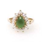 Vintage Halo Ring - Retro Modern 14k Yellow Gold Green Nephrite Jade and Seed Pearls - Circa 1970s Era Size 7 Fine Dainty Statement Jewelry