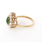 Vintage Halo Ring - Retro Modern 14k Yellow Gold Green Nephrite Jade and Seed Pearls - Circa 1970s Era Size 7 Fine Dainty Statement Jewelry