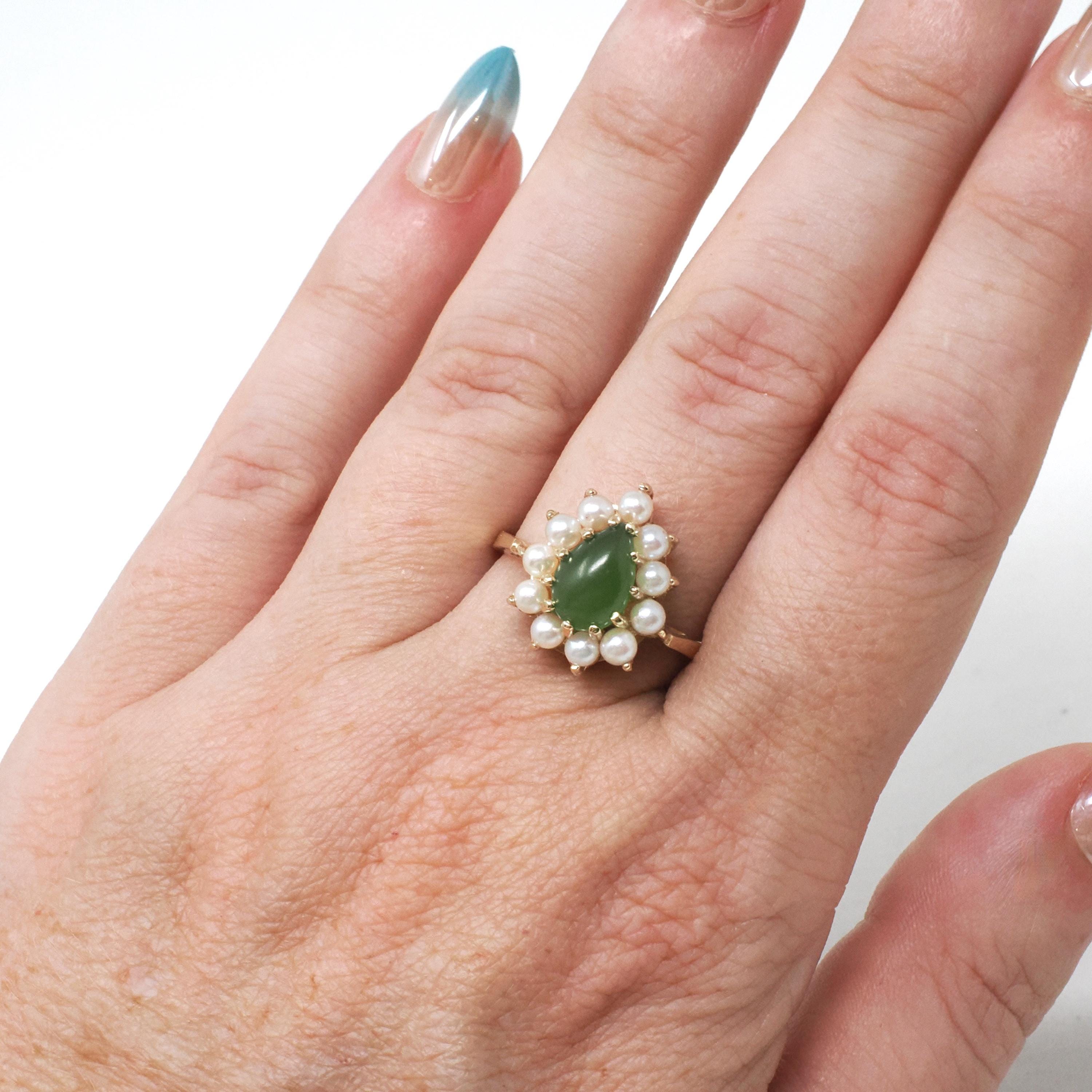 Vintage Halo Ring - Retro Modern 14k Yellow Gold Green Nephrite Jade and Seed Pearls - Circa 1970s Era Size 7 Fine Dainty Statement Jewelry