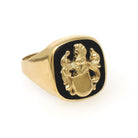 Onyx Signet Ring - English 8k Yellow Gold Cushion Black Chalcedony Gem - Circa 1950s Size 10 1/2 Unisex Coat Of Arms Statement Fine Jewelry