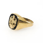 Onyx Signet Ring - English 8k Yellow Gold Cushion Black Chalcedony Gem - Circa 1950s Size 10 1/2 Unisex Coat Of Arms Statement Fine Jewelry