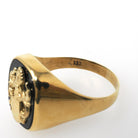 Onyx Signet Ring - English 8k Yellow Gold Cushion Black Chalcedony Gem - Circa 1950s Size 10 1/2 Unisex Coat Of Arms Statement Fine Jewelry