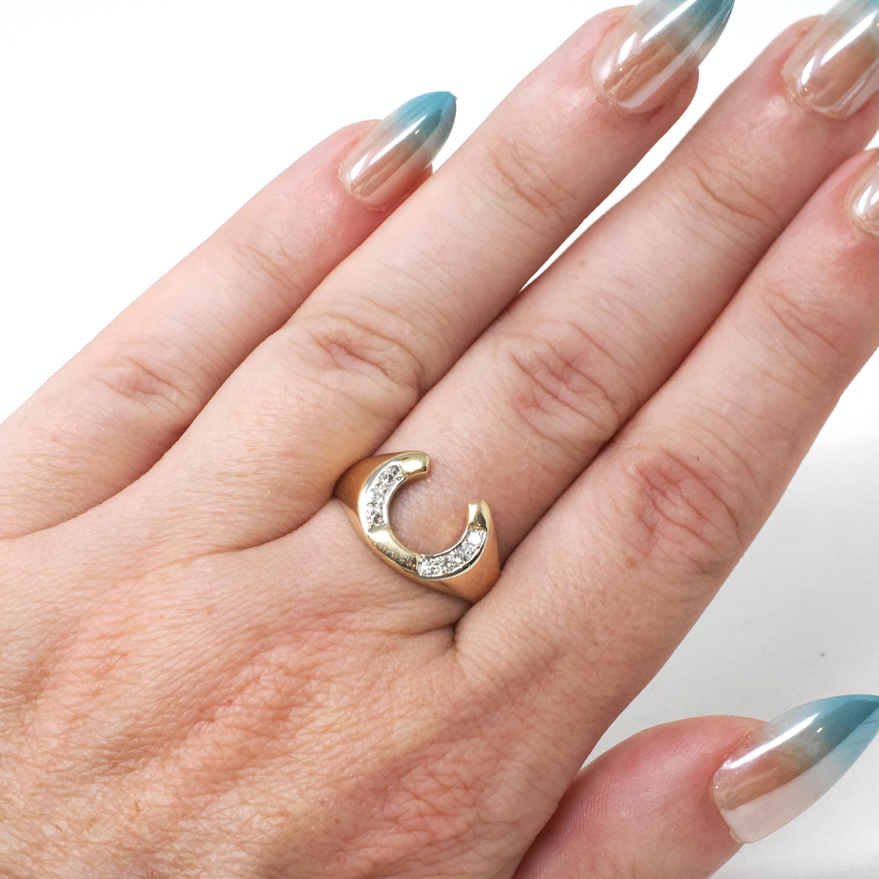 Vintage Horseshoe Ring - Modernist 14k Yellow Gold .06 CTW Natural Diamonds Equestrian Statement Band - Circa 1970s Size 7 1/4 Fine Jewelry