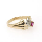 Created Ruby & Diamond Ring - Retro 14k Yellow White Gold Toi Et Moi Gems - Vintage Circa 1940s Size 4.75 July April Birthstone Fine Jewelry