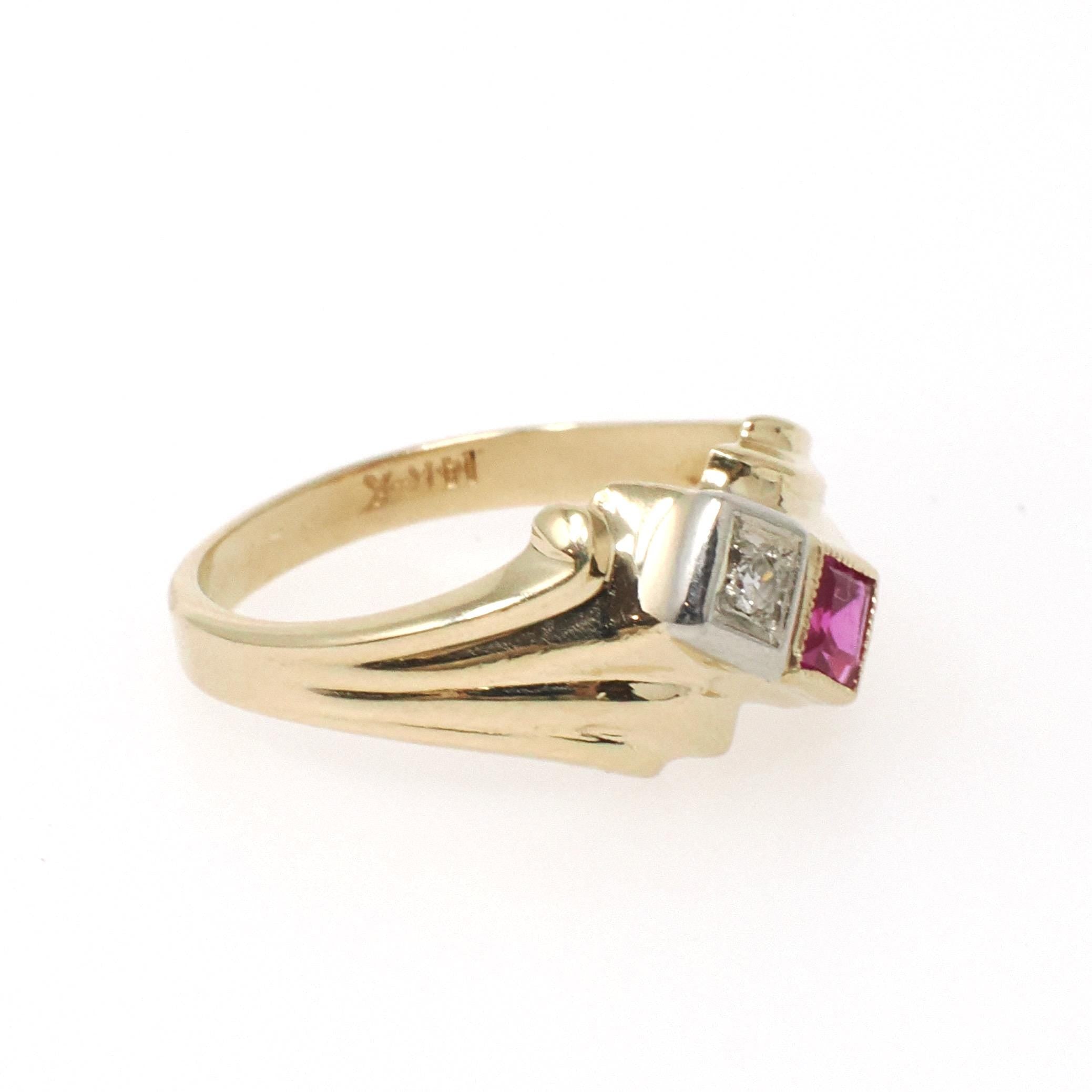 Created Ruby & Diamond Ring - Retro 14k Yellow White Gold Toi Et Moi Gems - Vintage Circa 1940s Size 4.75 July April Birthstone Fine Jewelry