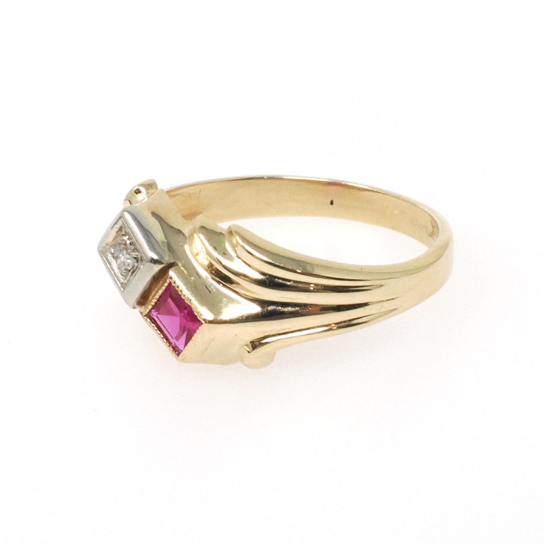 Created Ruby & Diamond Ring - Retro 14k Yellow White Gold Toi Et Moi Gems - Vintage Circa 1940s Size 4.75 July April Birthstone Fine Jewelry