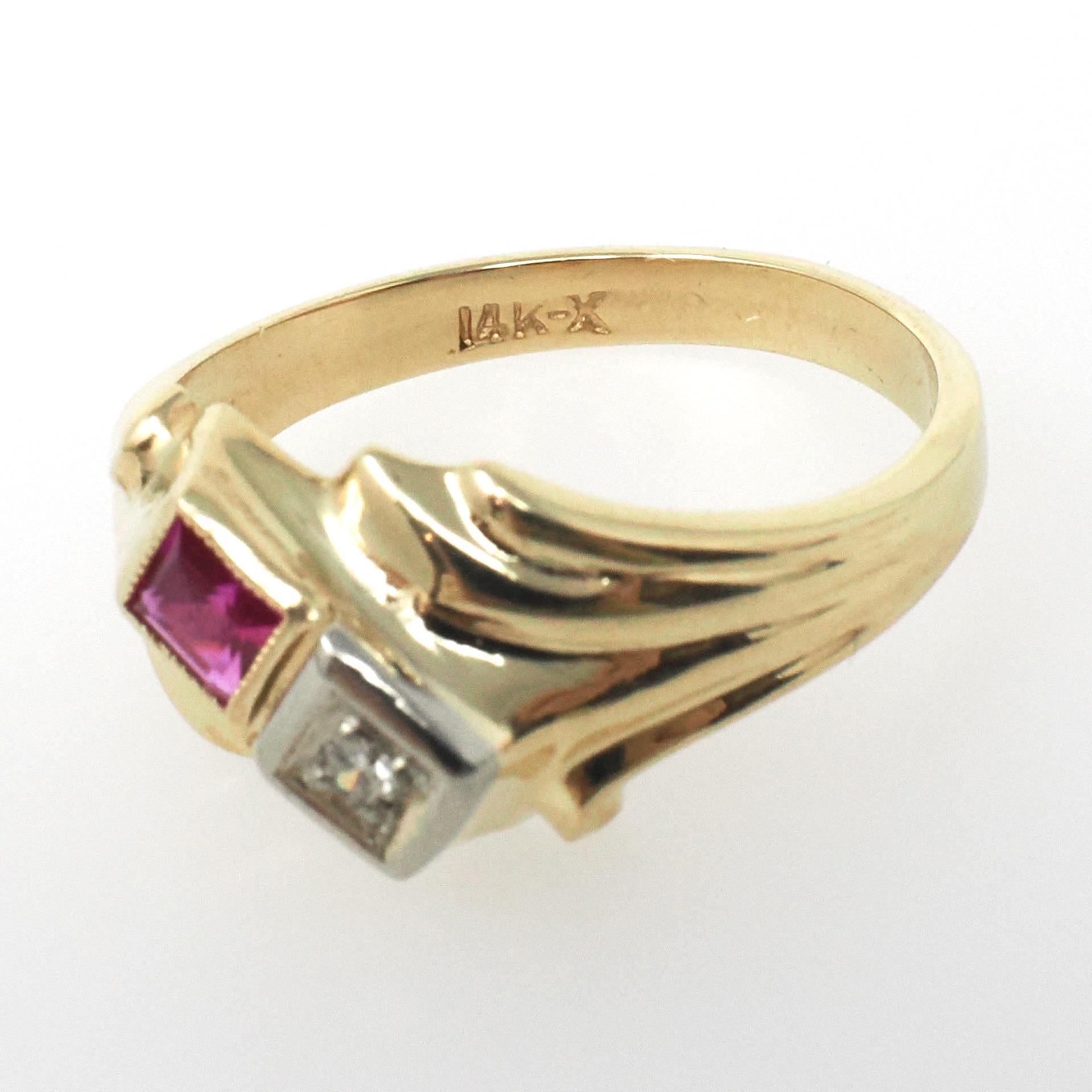 Created Ruby & Diamond Ring - Retro 14k Yellow White Gold Toi Et Moi Gems - Vintage Circa 1940s Size 4.75 July April Birthstone Fine Jewelry