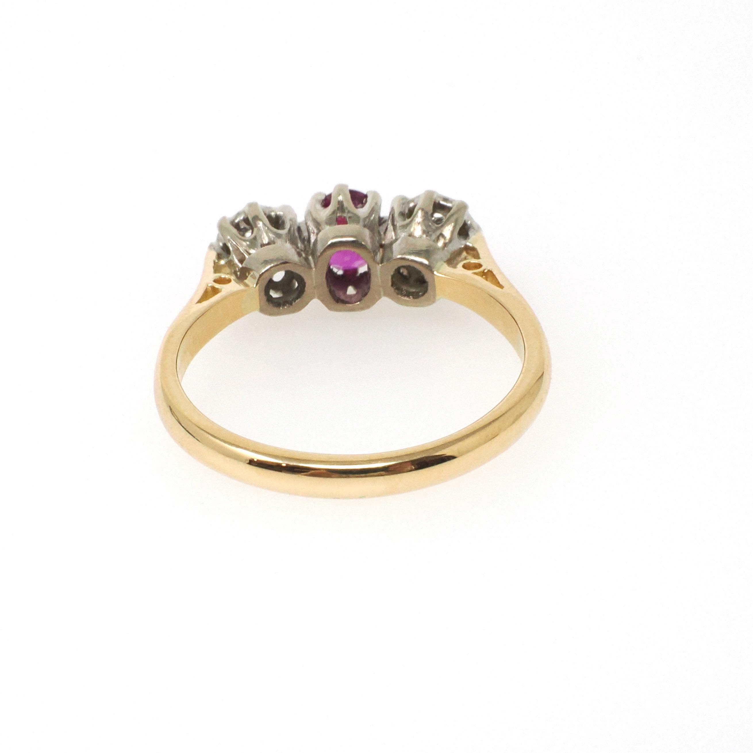 Vintage Ruby & Diamond Ring - Retro 18k Yellow White Gold Three Gemstone Engagement - Circa 1970s Size 6 3/4 Two Tone English Fine Jewelry