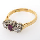 Vintage Ruby & Diamond Ring - Retro 18k Yellow White Gold Three Gemstone Engagement - Circa 1970s Size 6 3/4 Two Tone English Fine Jewelry