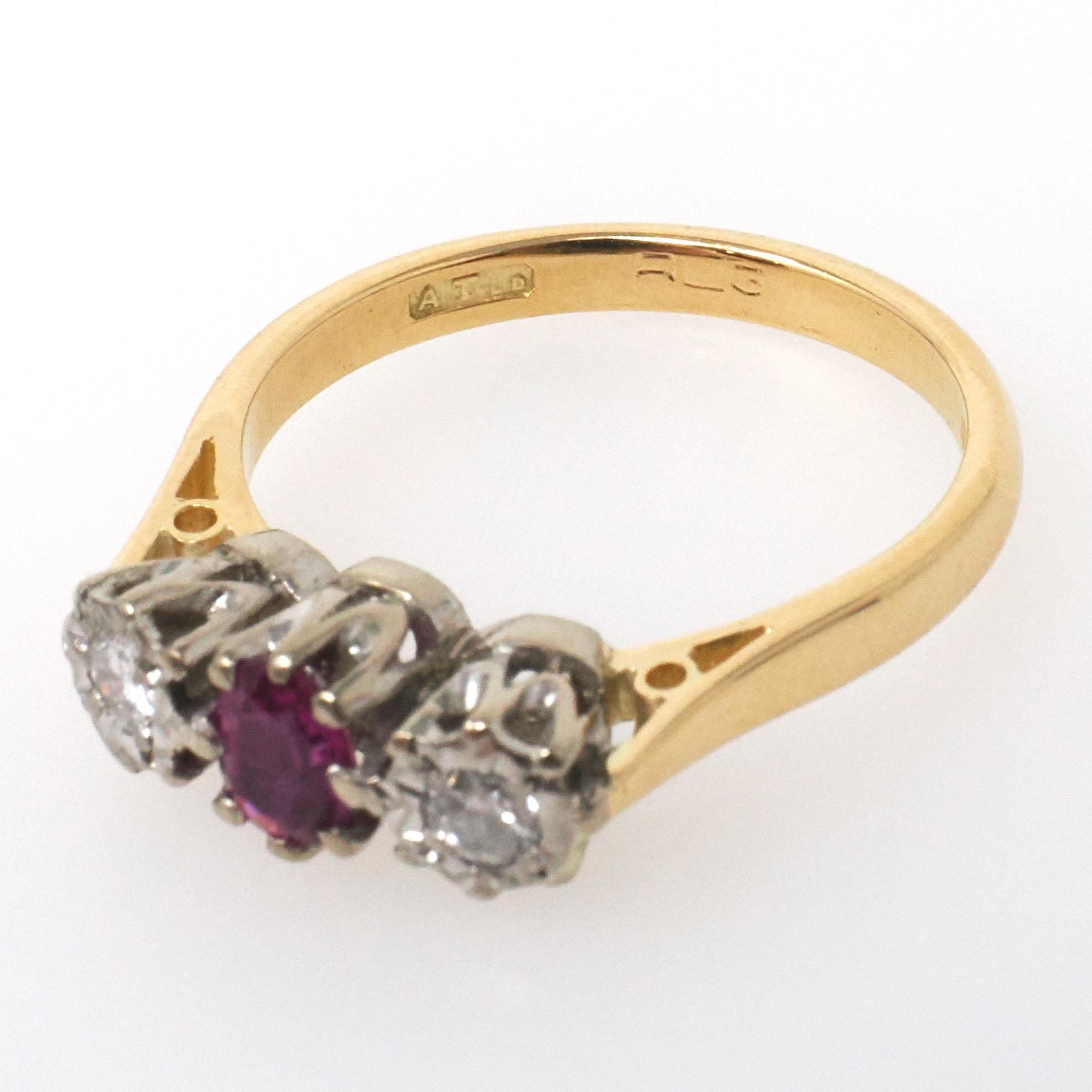 Vintage Ruby & Diamond Ring - Retro 18k Yellow White Gold Three Gemstone Engagement - Circa 1970s Size 6 3/4 Two Tone English Fine Jewelry