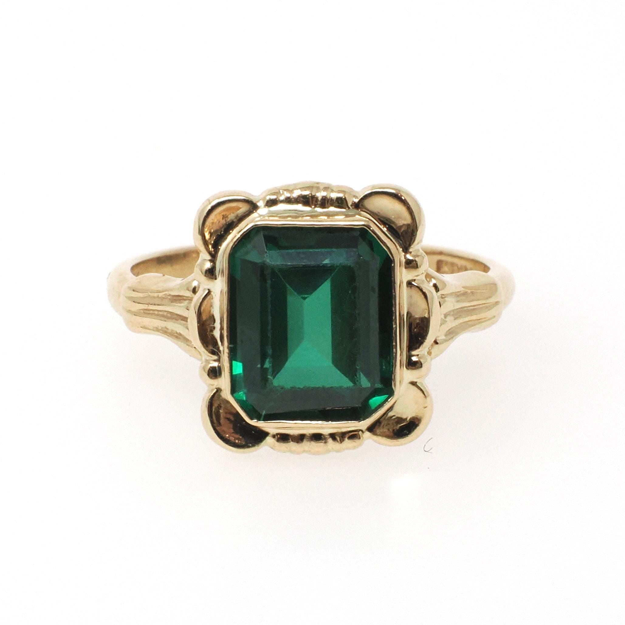 Simulated Emerald Ring - Retro 10k Yellow Gold Emerald Cut Green Created Spinel Triplet Assembled Stone - Circa 1940s Size 4 Fine Jewelry