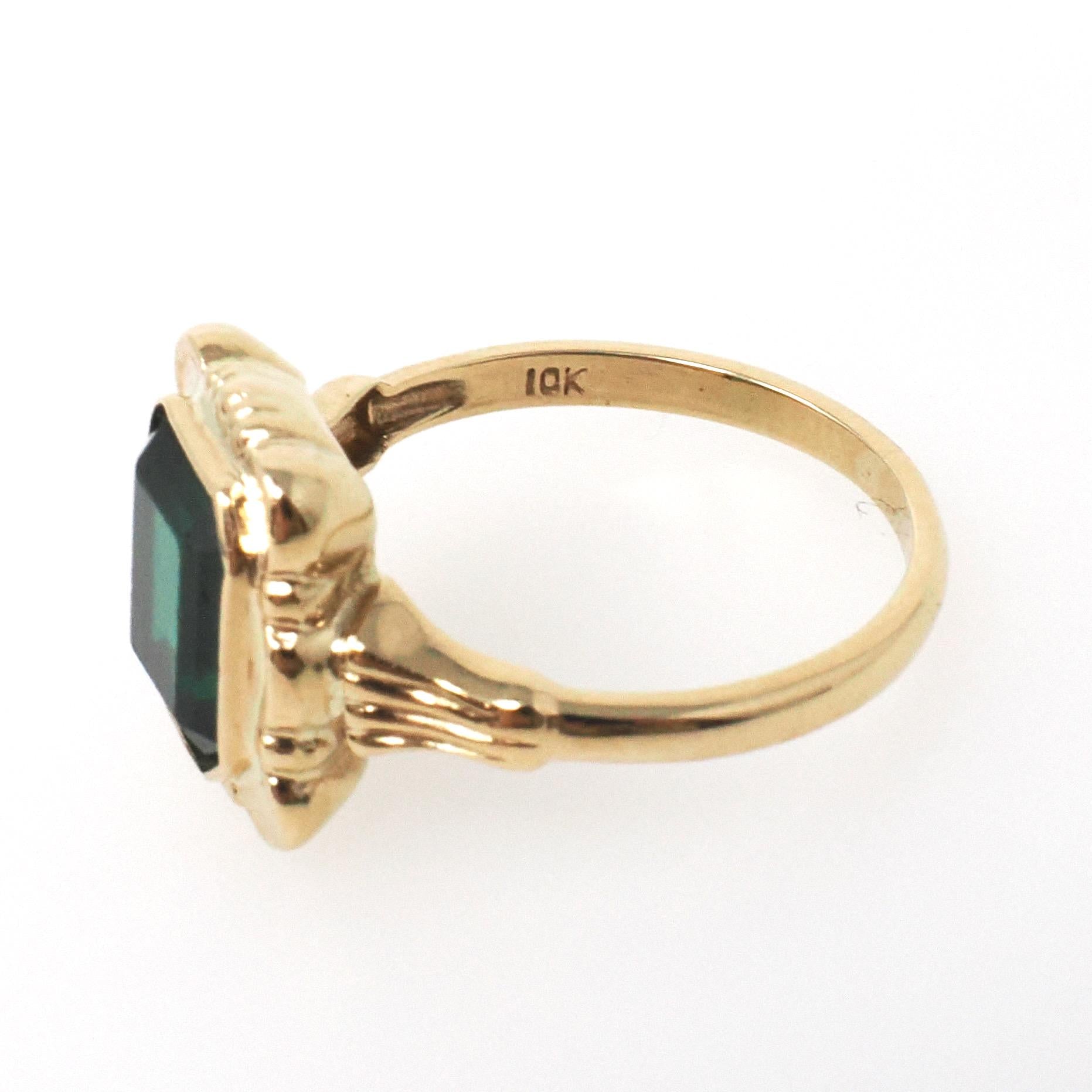 Simulated Emerald Ring - Retro 10k Yellow Gold Emerald Cut Green Created Spinel Triplet Assembled Stone - Circa 1940s Size 4 Fine Jewelry
