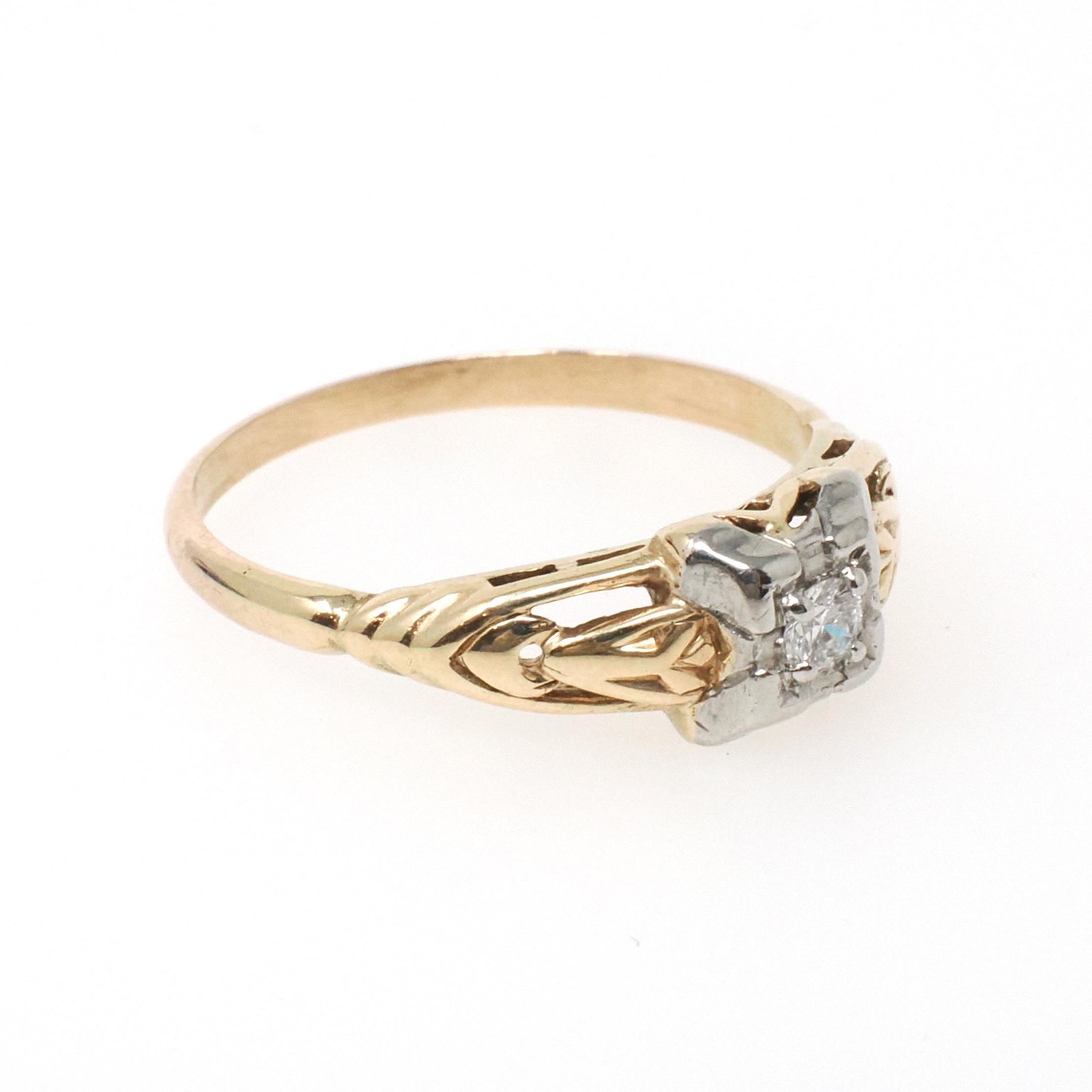 Vintage Diamond Ring - Mid Century 14k Yellow Gold & Platinum .06 CT Natural Two Tone Solitaire - Circa 1950s Era Size 6 3/4 Fine Jewelry