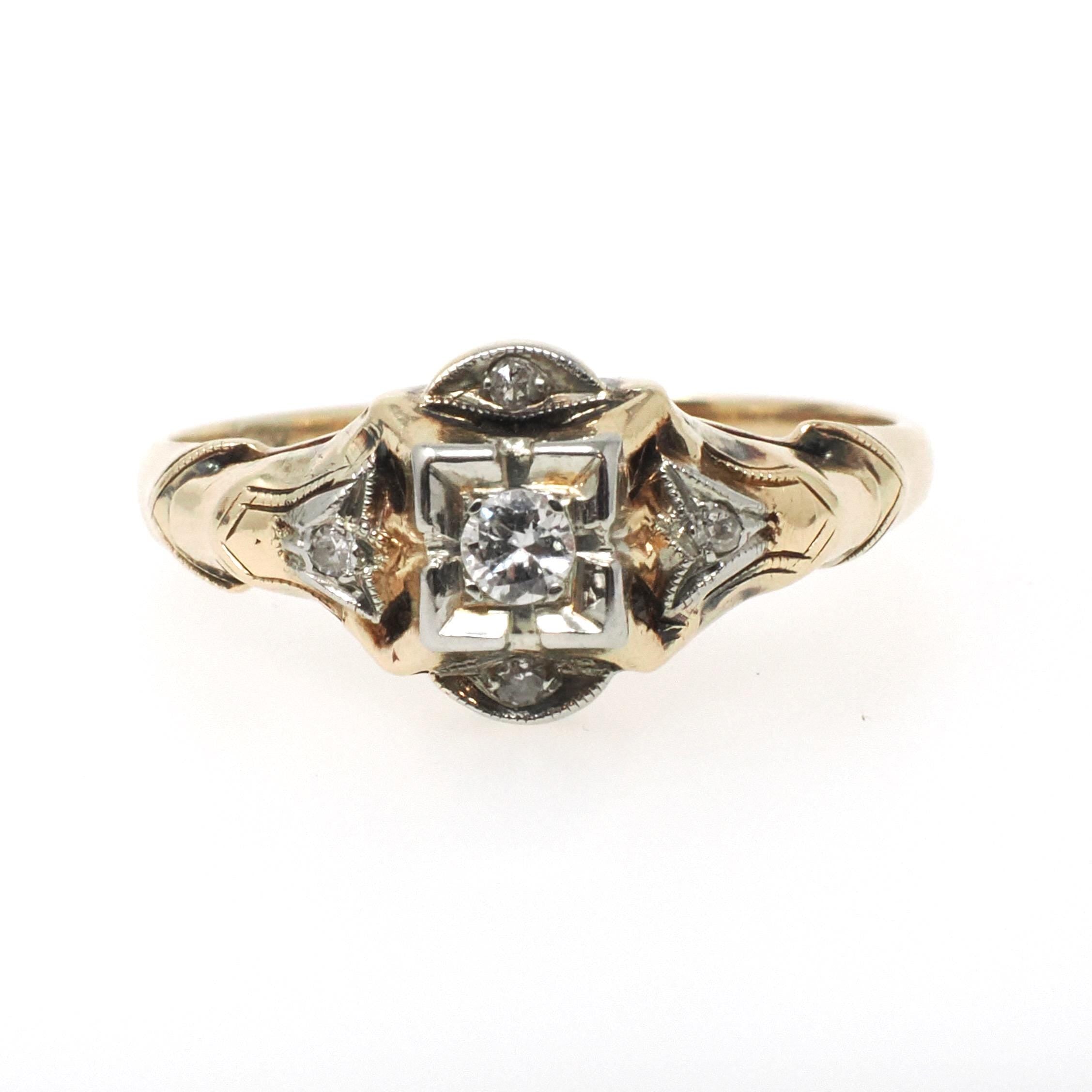 Vintage Diamond Ring - Mid Century 14k Yellow & White Gold .07 CTW Natural Two Tone Engagement - Circa 1950s Era Size 6 3/4 Fine Jewelry