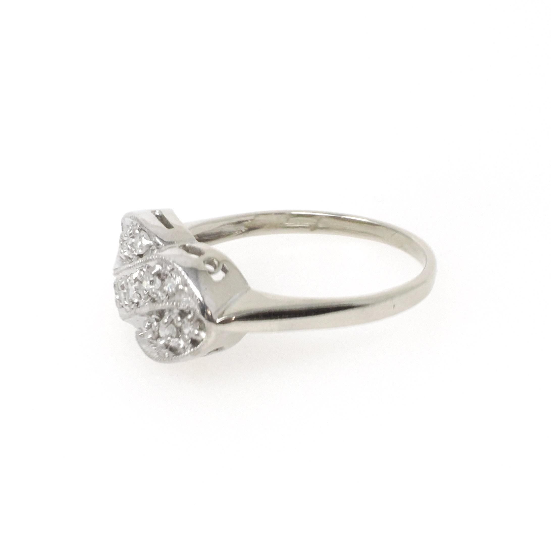 Vintage Princess Ring - Mid Century 14k White Gold Natural .18 CTW Diamonds - Circa 1950s Era Size 7 1/4 Curved Bypass Fine Fashion Jewelry