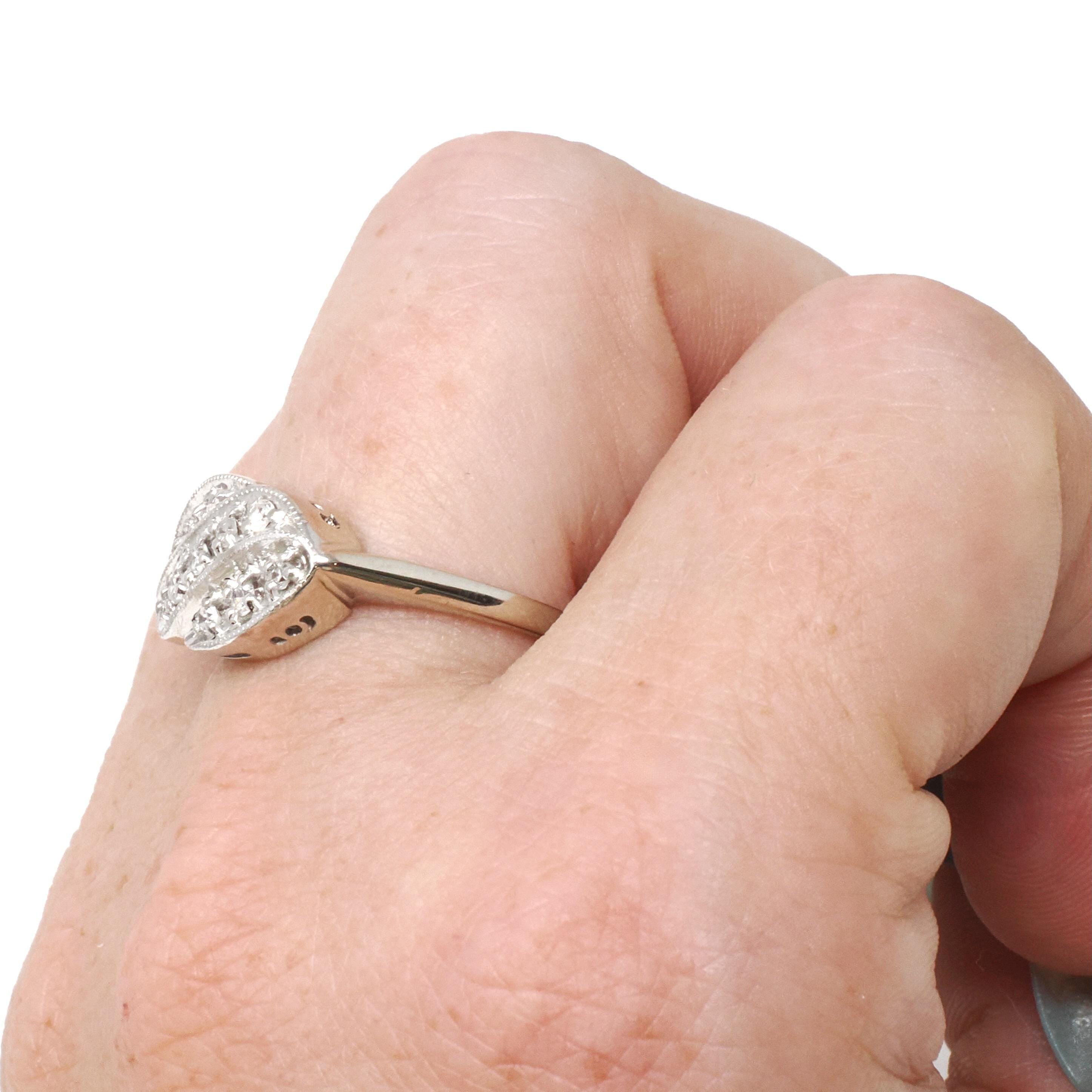Vintage Princess Ring - Mid Century 14k White Gold Natural .18 CTW Diamonds - Circa 1950s Era Size 7 1/4 Curved Bypass Fine Fashion Jewelry