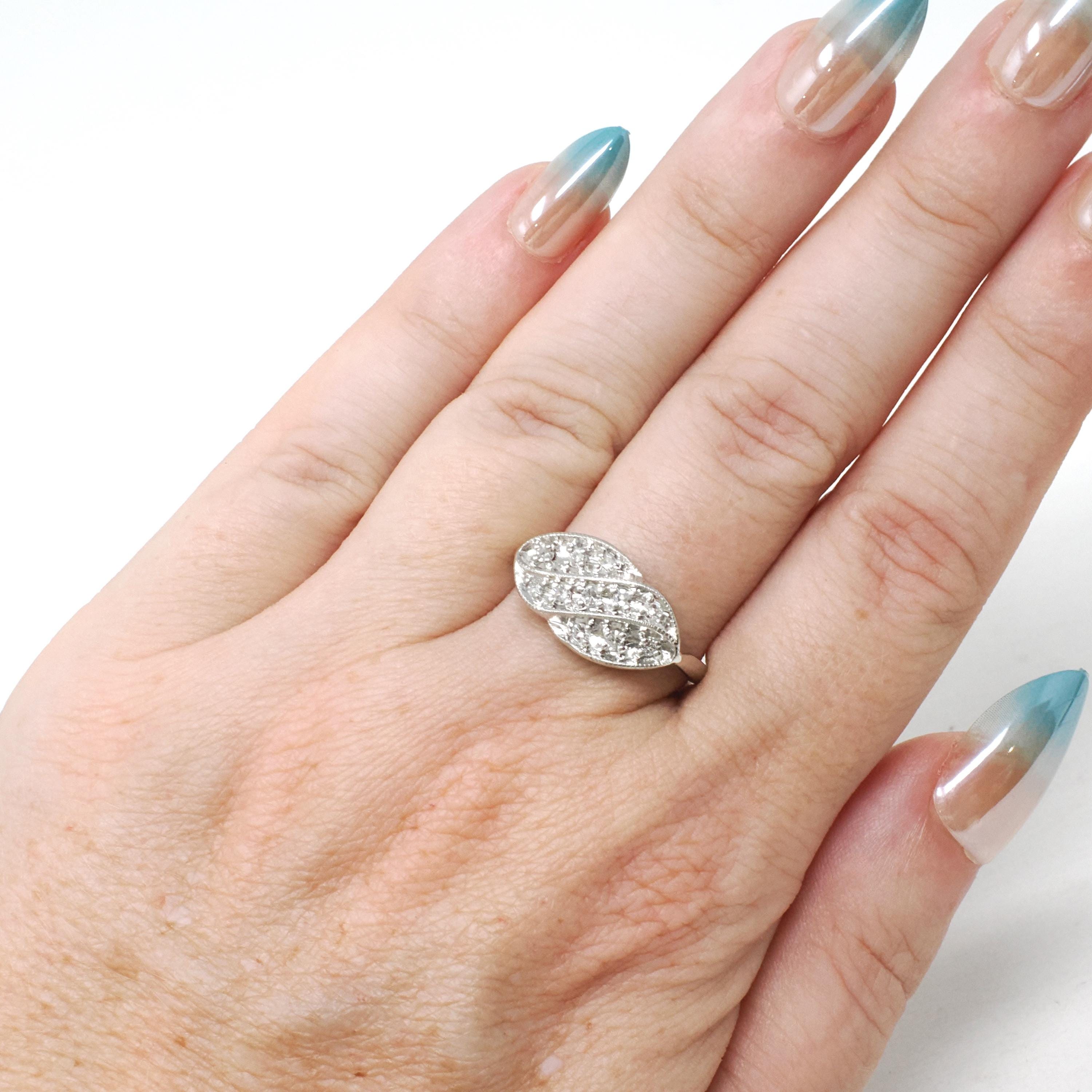 Vintage Princess Ring - Mid Century 14k White Gold Natural .18 CTW Diamonds - Circa 1950s Era Size 7 1/4 Curved Bypass Fine Fashion Jewelry