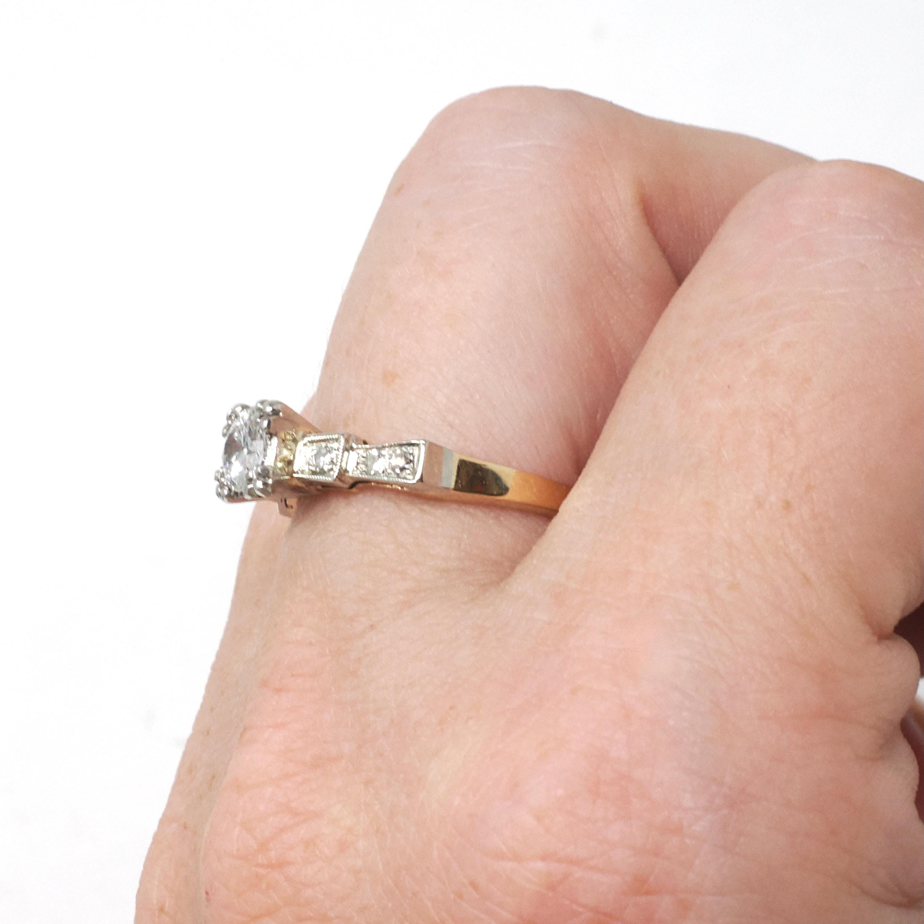 Vintage Diamond Ring - Mid Century 14k Yellow Gold & Platinum .46 CTW Natural Two Tone Engagement - Circa 1950s Era Size 6 1/4 Fine Jewelry