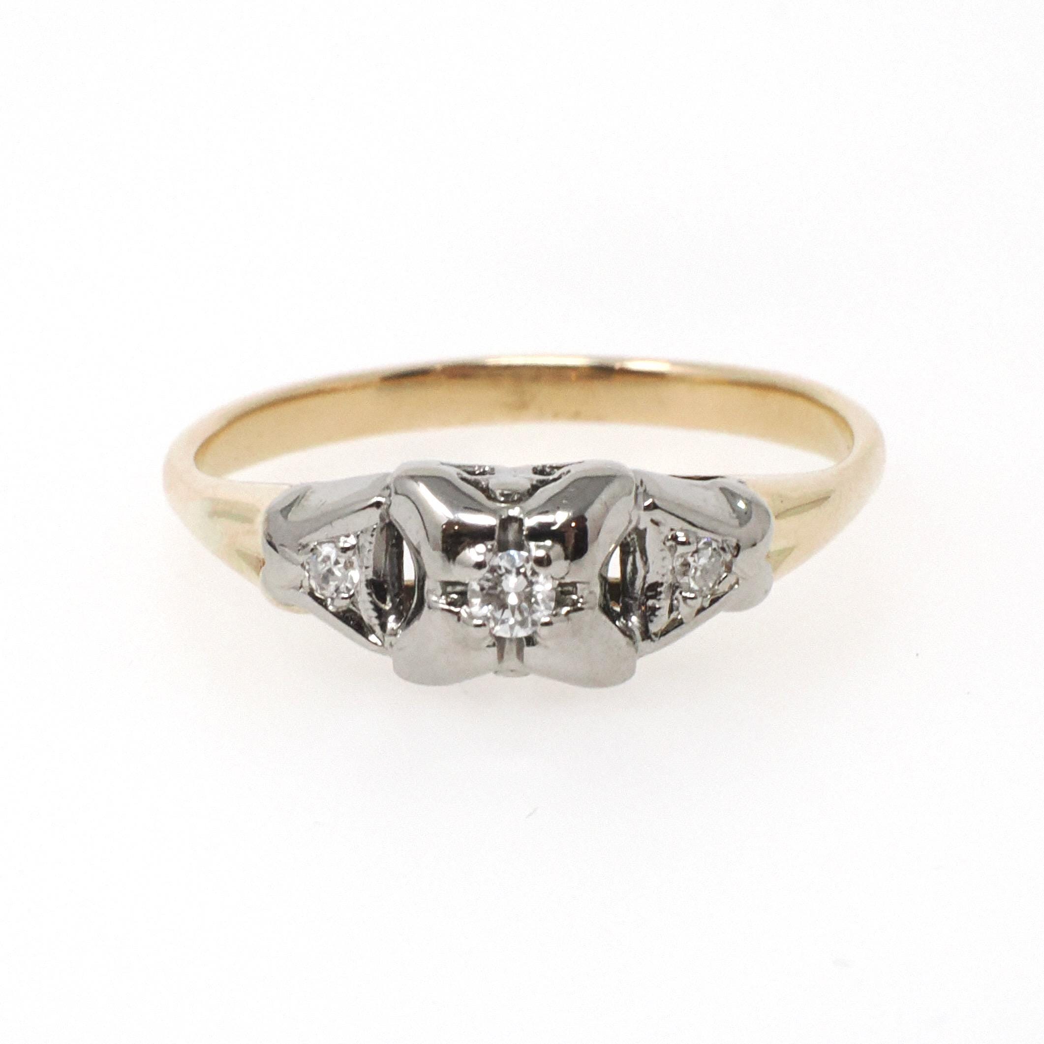 Vintage Diamond Ring - Mid Century Era 10k Yellow & White Gold .05 CTW Engagement - Circa 1950s Size 6 3/4 Dainty Fine Bridal Jewelry