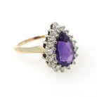 Amethyst Halo Ring - Retro 14k Yellow & White Gold .60 CTW Diamond Accents Pear Gem - Circa 1980s Sz 8 3/4 February Birthstone Fine Jewelry