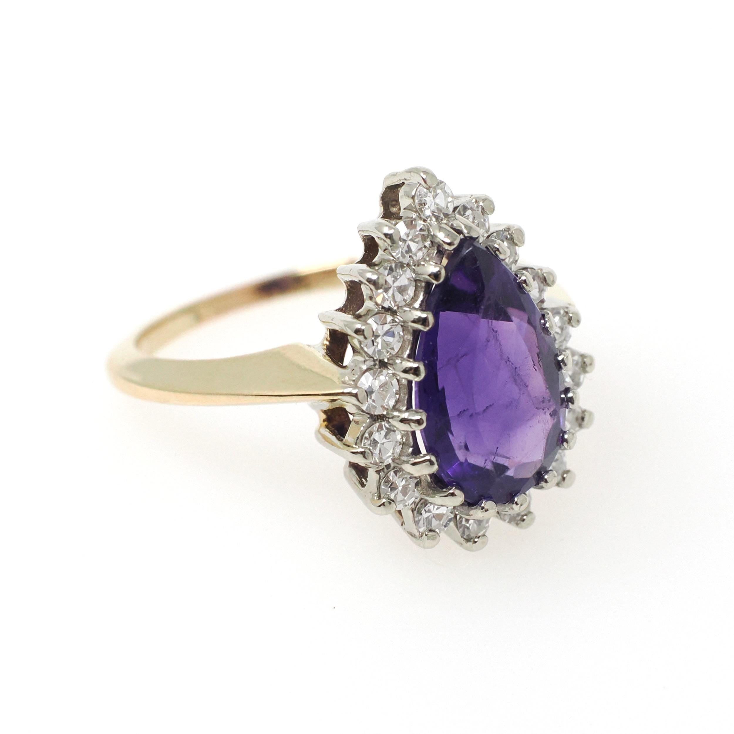 Amethyst Halo Ring - Retro 14k Yellow & White Gold .60 CTW Diamond Accents Pear Gem - Circa 1980s Sz 8 3/4 February Birthstone Fine Jewelry