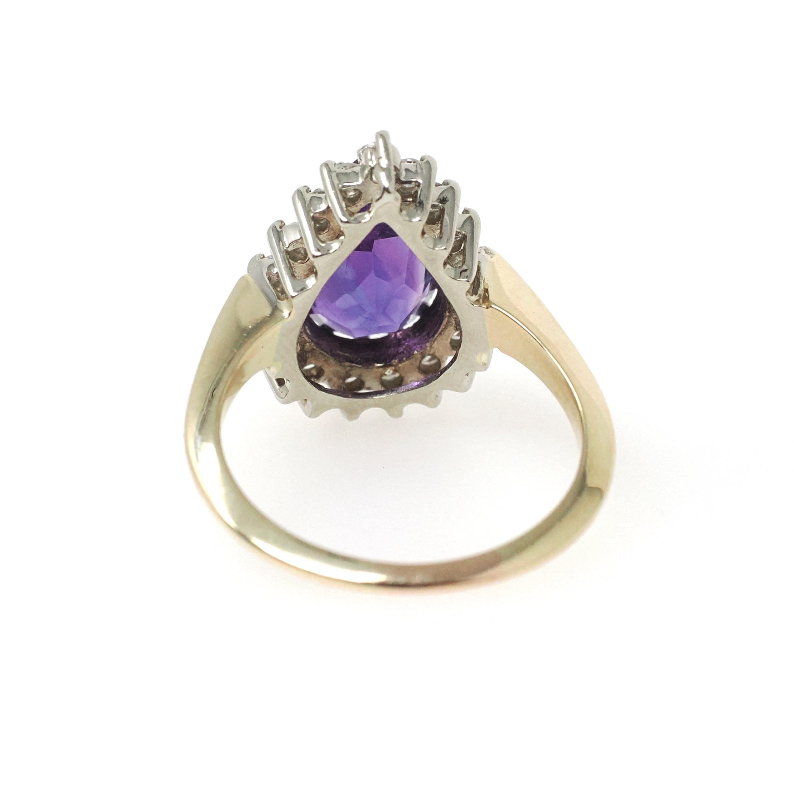 Amethyst Halo Ring - Retro 14k Yellow & White Gold .60 CTW Diamond Accents Pear Gem - Circa 1980s Sz 8 3/4 February Birthstone Fine Jewelry