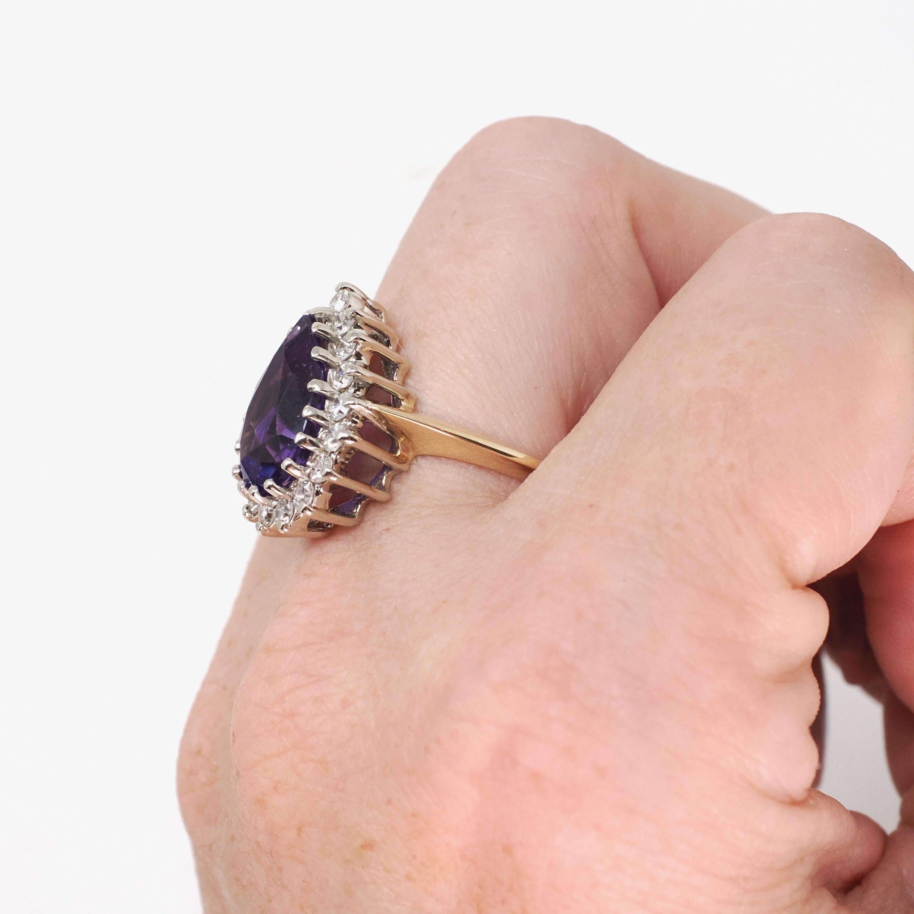 Amethyst Halo Ring - Retro 14k Yellow & White Gold .60 CTW Diamond Accents Pear Gem - Circa 1980s Sz 8 3/4 February Birthstone Fine Jewelry