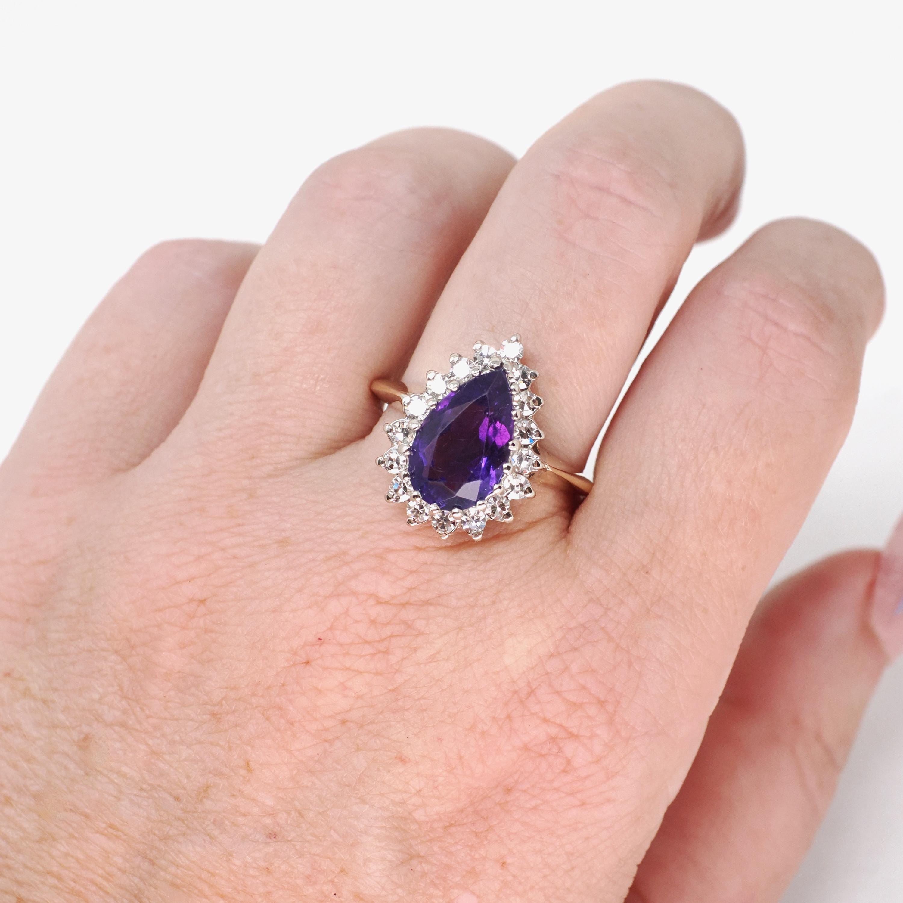Amethyst Halo Ring - Retro 14k Yellow & White Gold .60 CTW Diamond Accents Pear Gem - Circa 1980s Sz 8 3/4 February Birthstone Fine Jewelry