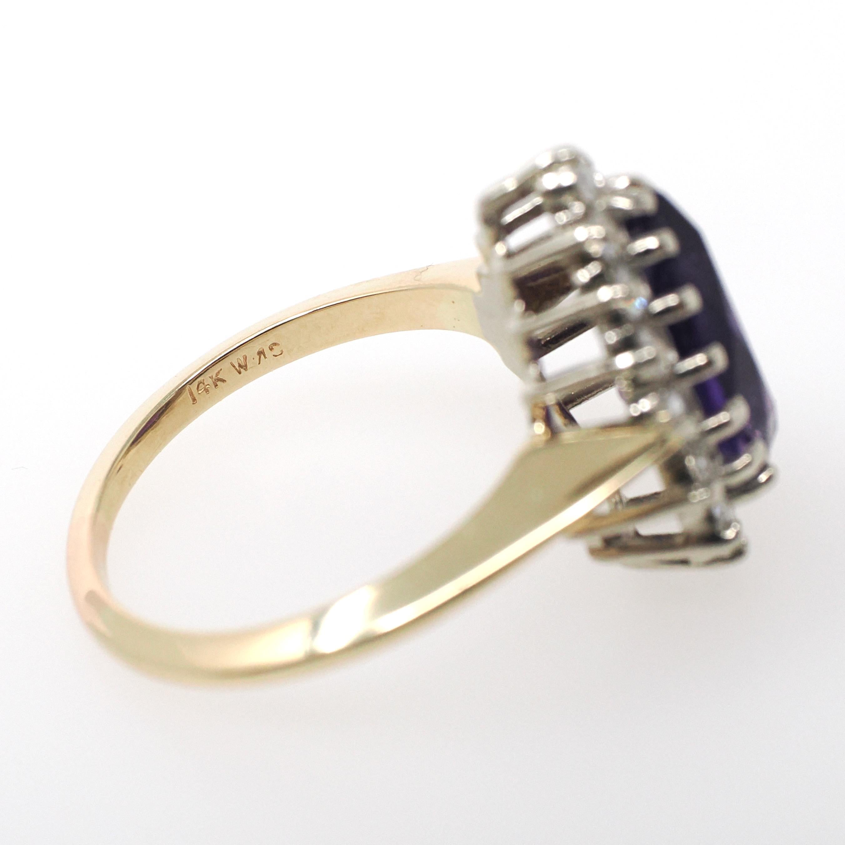 Amethyst Halo Ring - Retro 14k Yellow & White Gold .60 CTW Diamond Accents Pear Gem - Circa 1980s Sz 8 3/4 February Birthstone Fine Jewelry