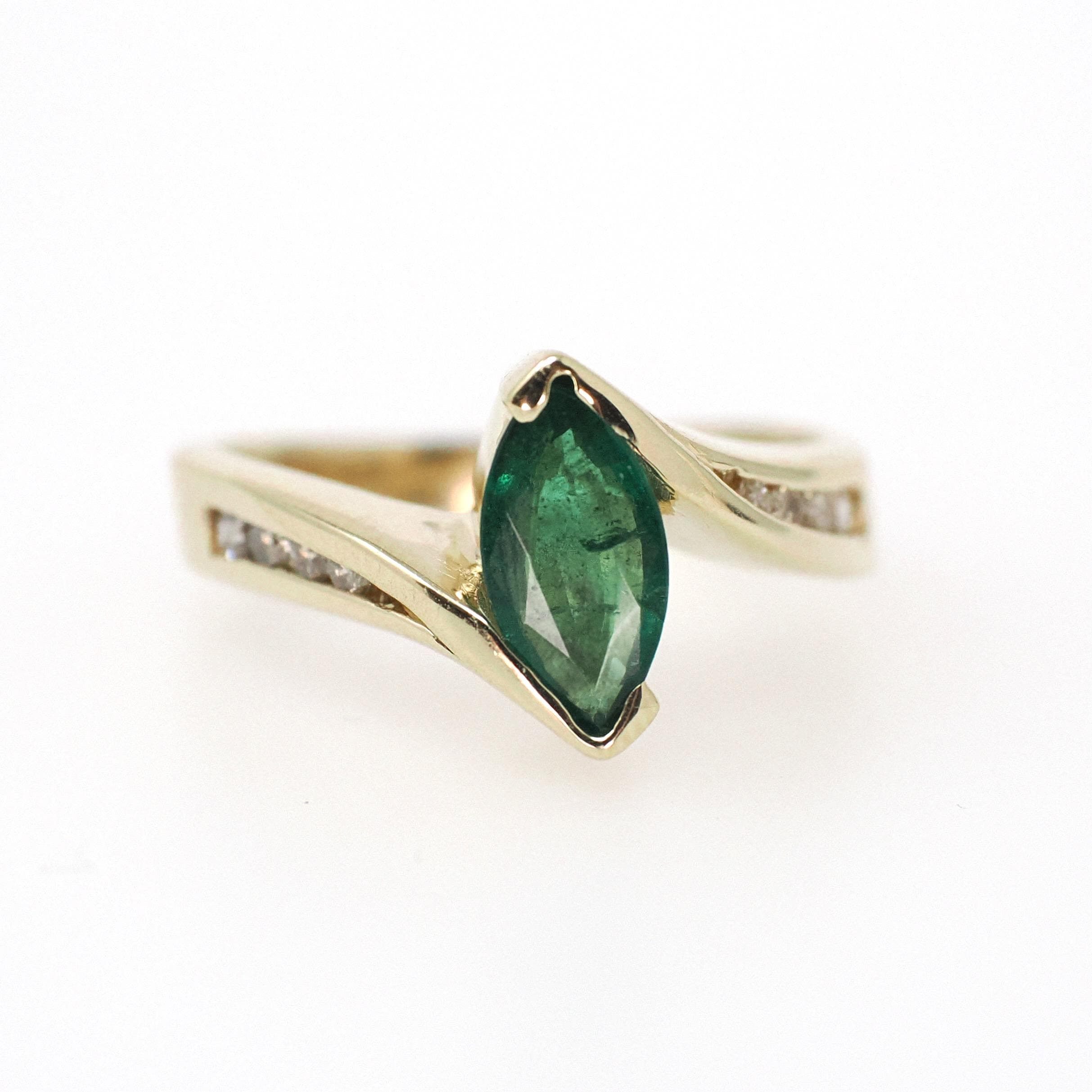 Emerald Engagement Ring - Contemporary 14k Yellow Gold Navette Natural Green Marquise Gemstone Bypass - Size 5.5 May Birthstone Fine Jewelry