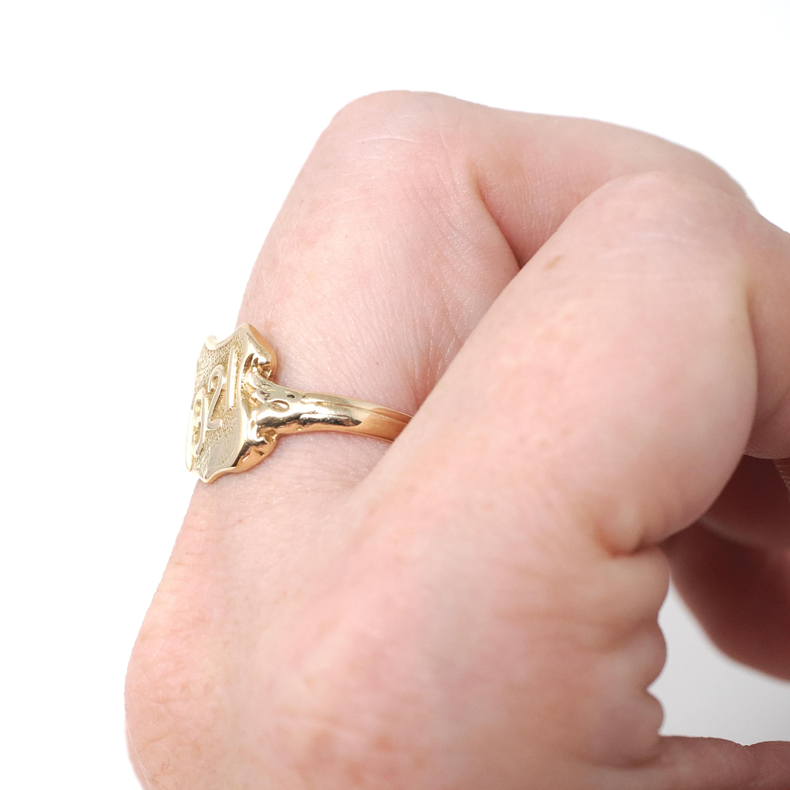 Dated 1921 Ring - Art Deco 14k Yellow Gold Class Year Statement Band - Antique Size 7 3/4 Number Shield Detail Fine Commemorative Jewelry