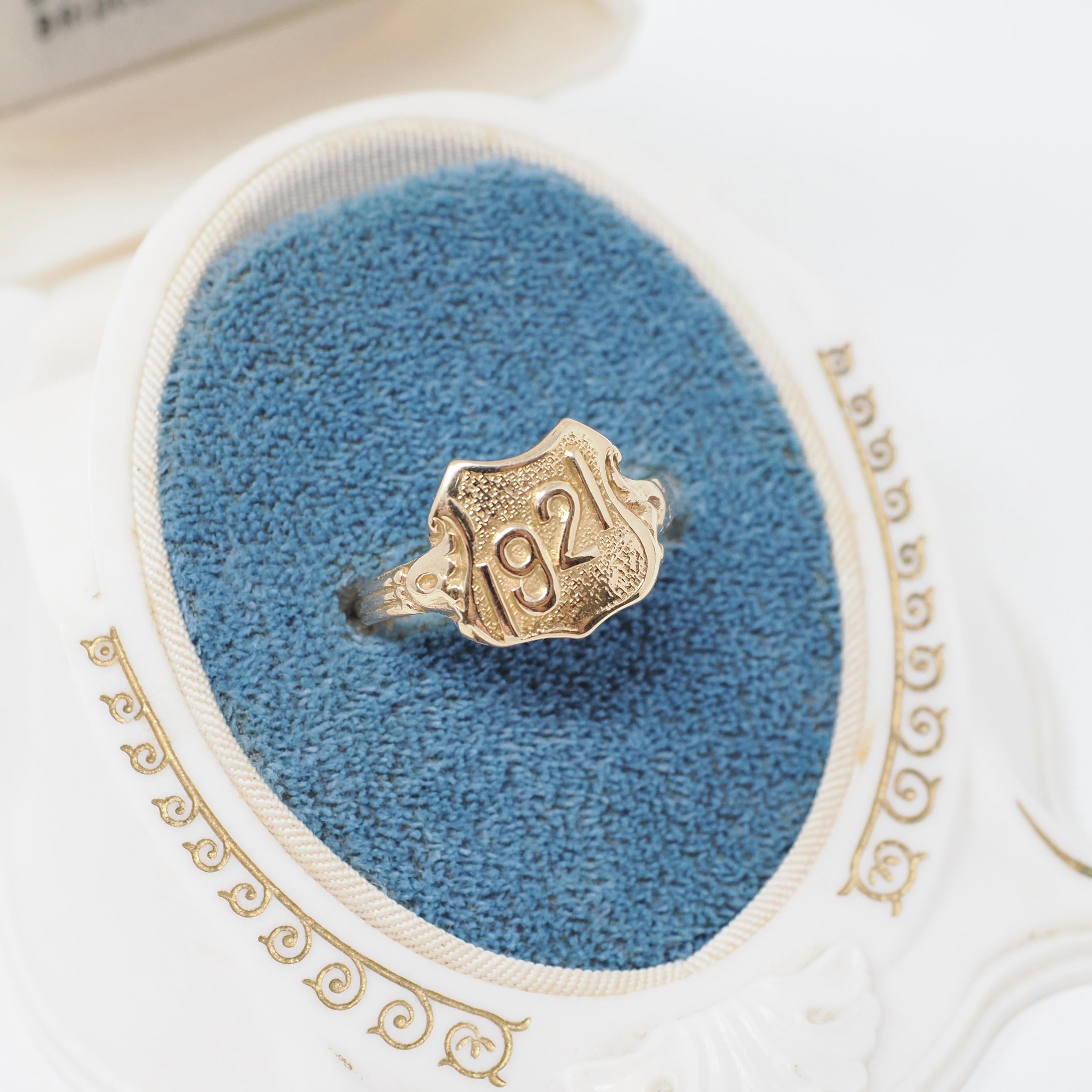 Dated 1921 Ring - Art Deco 14k Yellow Gold Class Year Statement Band - Antique Size 7 3/4 Number Shield Detail Fine Commemorative Jewelry
