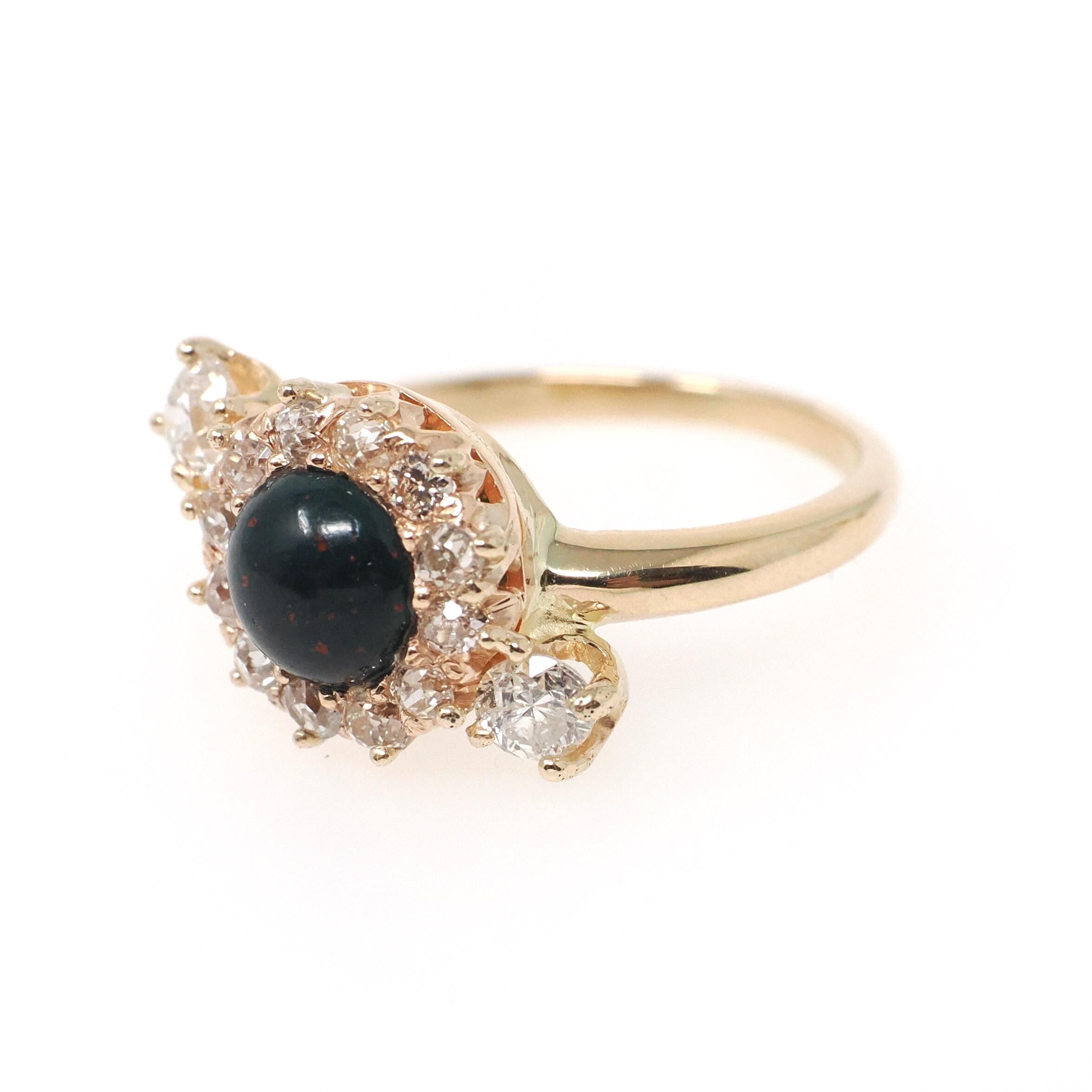 Bloodstone Halo Ring - Victorian Conversion 14k Yellow Gold Round Cabochon Cut Gem & .45 CTW Diamonds - Circa 1890s Era Size 5 Fine Jewelry